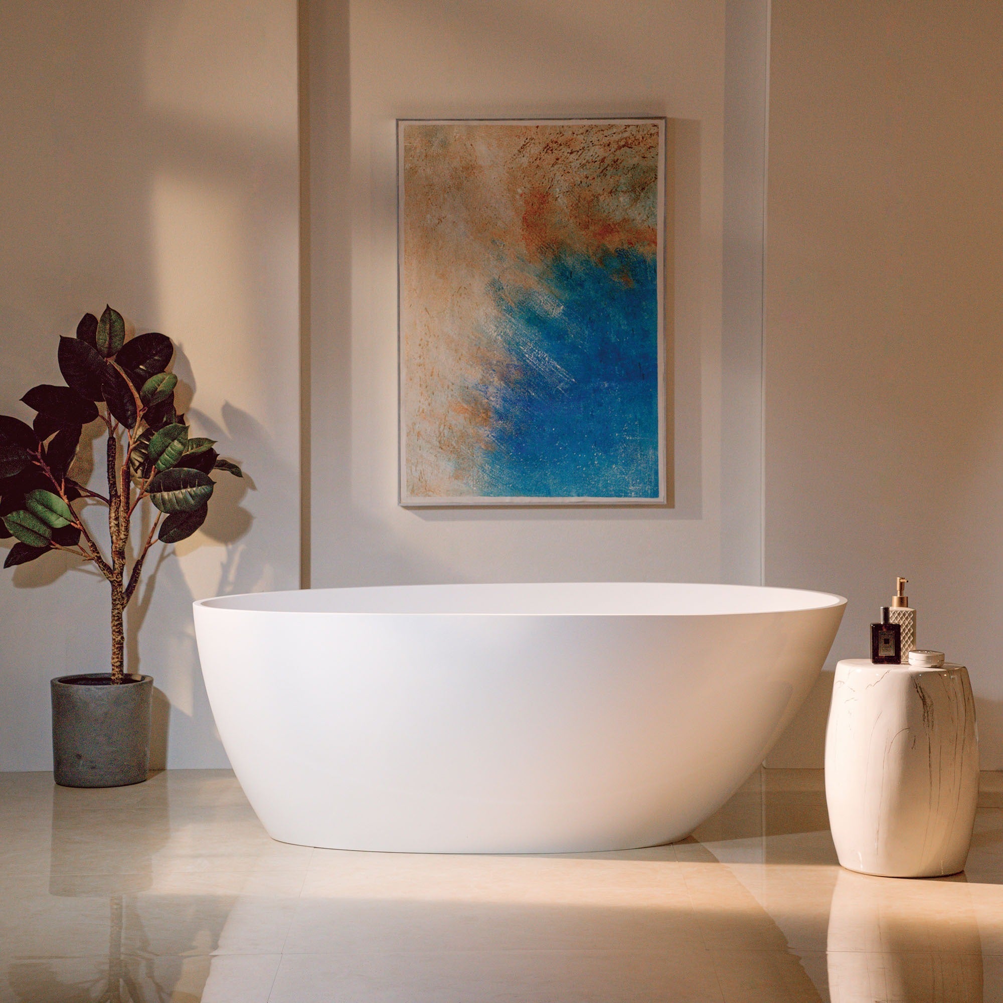 WOODBRIDGE 58-5/8" L x 29-1/8" W Luxury Contemporary Solid Surface Stone Resin Freestanding Bathtub in Matte White with 2-Drain Covers