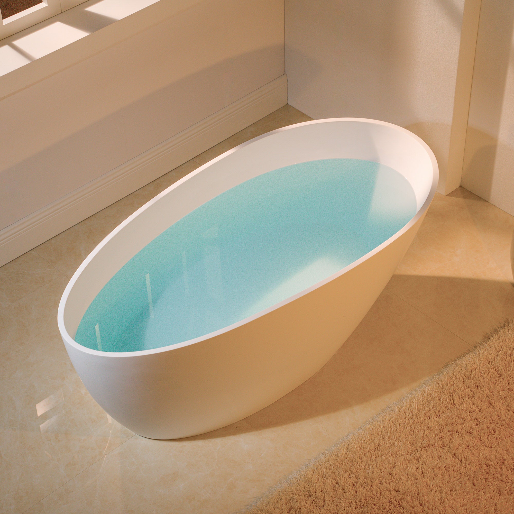 WOODBRIDGE 58-5/8" L x 29-1/8" W Luxury Contemporary Solid Surface Stone Resin Freestanding Bathtub in Matte White with 2-Drain Covers