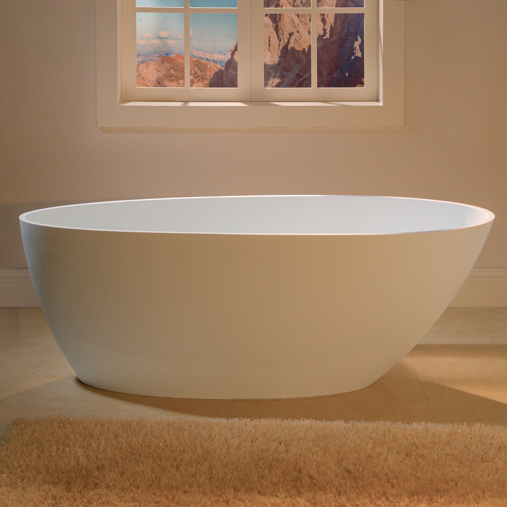 WOODBRIDGE 58-5/8" L x 29-1/8" W Luxury Contemporary Solid Surface Stone Resin Freestanding Bathtub in Matte White with 2-Drain Covers