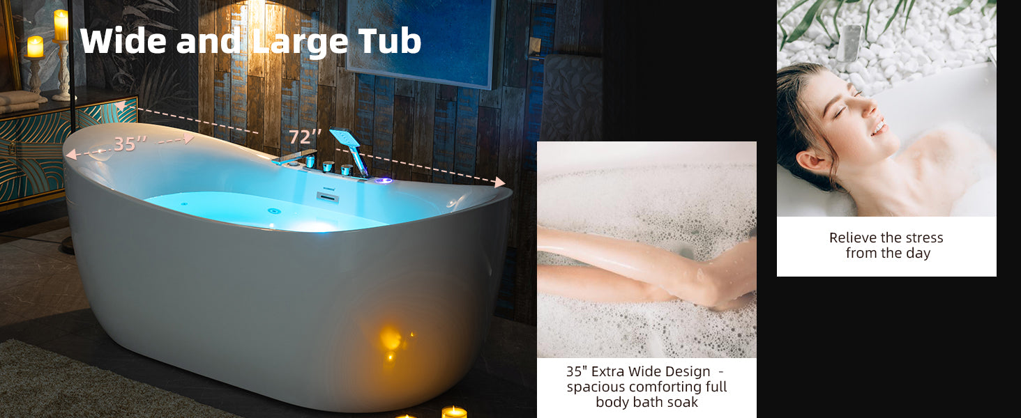 WOODBRIDGE 72" Whirlpool & Air Bubble Freestanding Heated Combination Bathtub with Tub Filler & LED Control Panel, BJ400+F0041CH