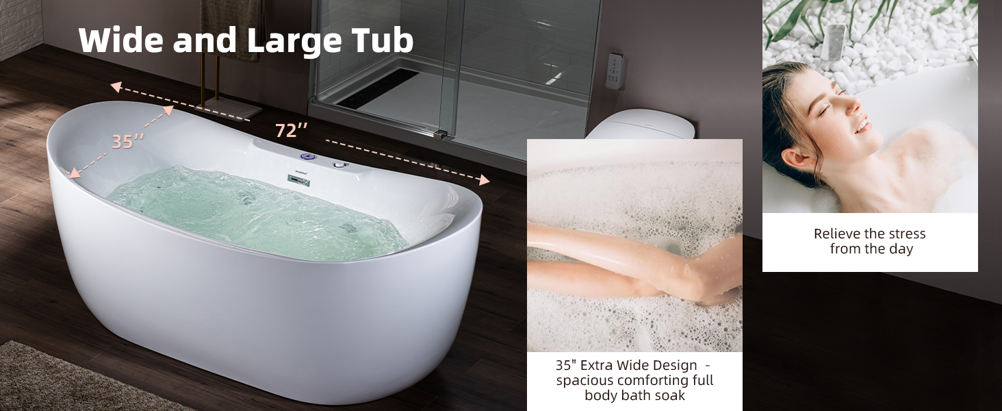 WOODBRIDGE 72" x 35-3/8" Whirlpool Water Jetted and Air Bubble Freestanding Heated Soaking Combination Bathtub with LED control panel , BJ400