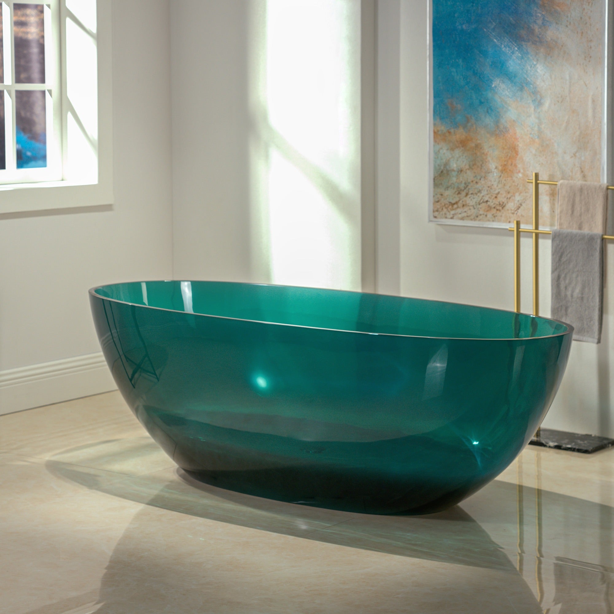 WOODBRIDGE 65-3/8" L x 29-1/8" W Transparent Green Stone Resin Freestanding Soaking Tub with Double Ended Design