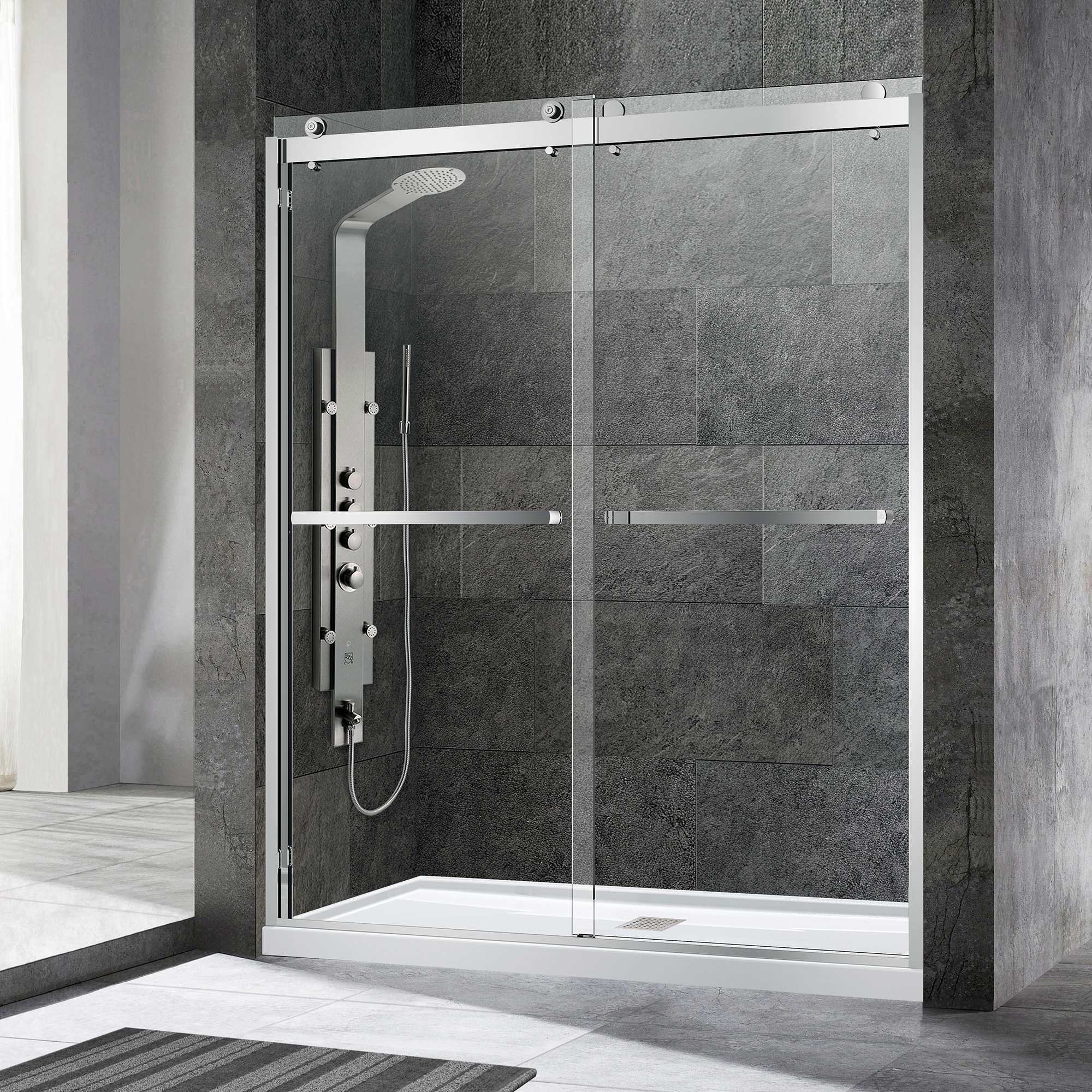 WOODBRIDGE Frameless Shower Doors 56-60" Width x 76"Height with 3/8"(10mm) Clear Tempered Glass, 2 Ways Opening & Double Sliding