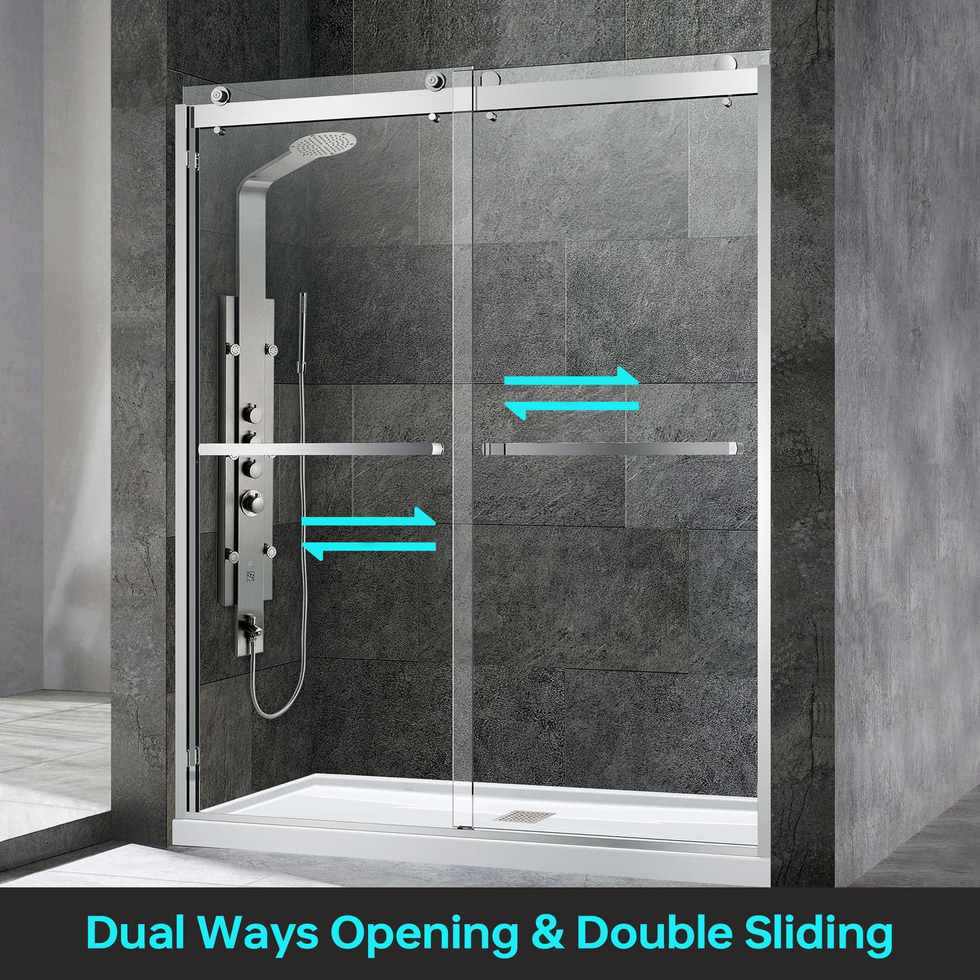 WOODBRIDGE Frameless Shower Doors 56-60" Width x 76"Height with 3/8"(10mm) Clear Tempered Glass, 2 Ways Opening & Double Sliding