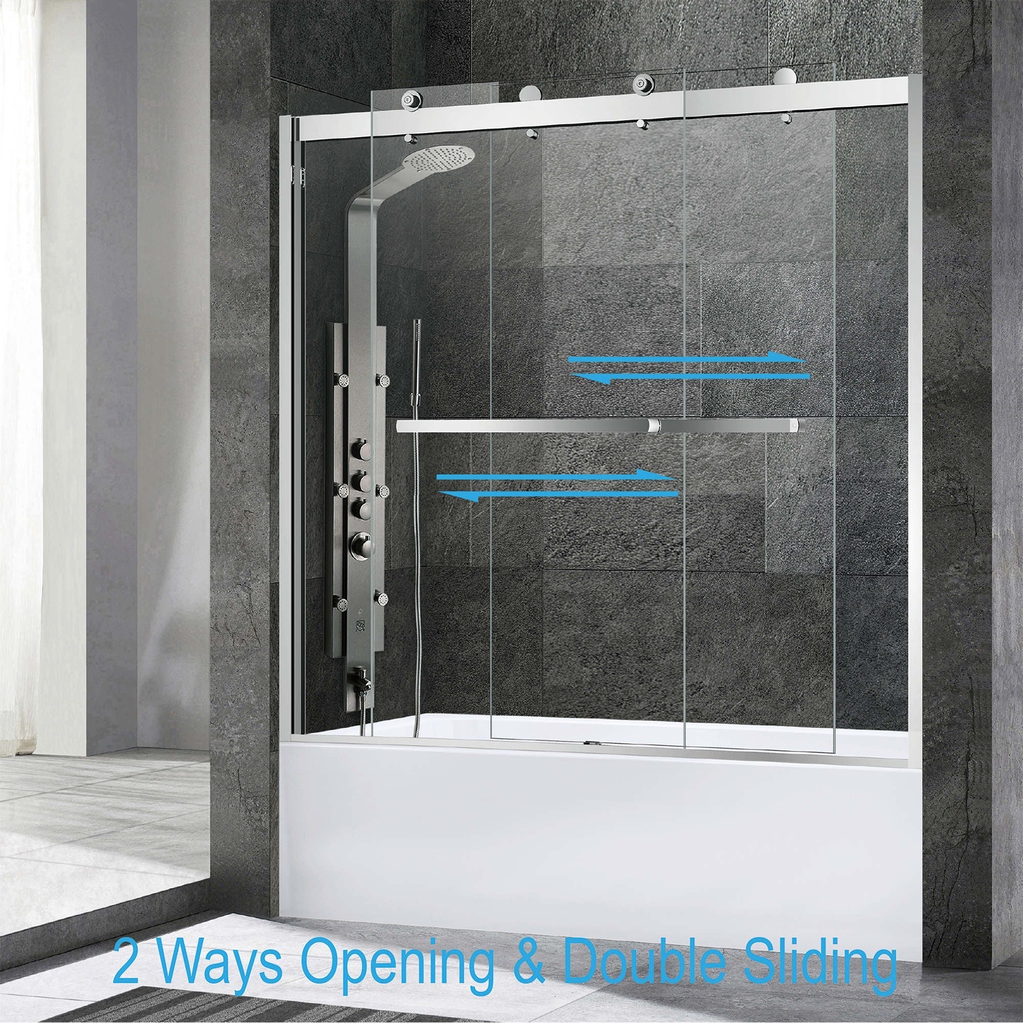 WOODBRIDGE Frameless Bathtub Shower Doors 56-60" Width x 62"Height with 3/8"(10mm) Clear Tempered Glass, 2 Ways Opening & Double Sliding,SDD6062