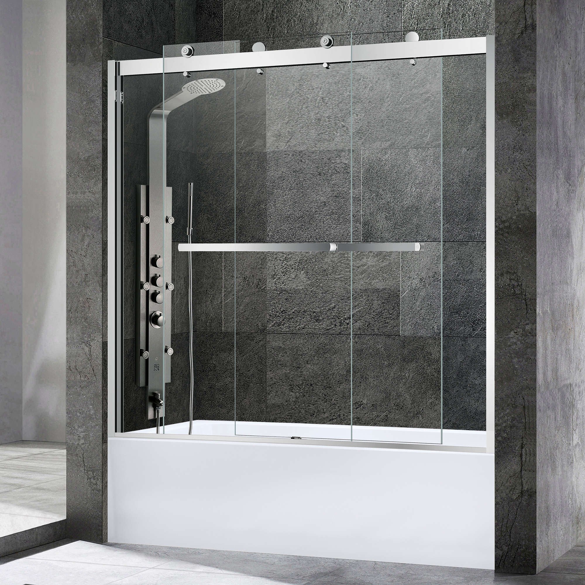 WOODBRIDGE Frameless Bathtub Shower Doors 56-60" Width x 62"Height with 3/8"(10mm) Clear Tempered Glass, 2 Ways Opening & Double Sliding,SDD6062