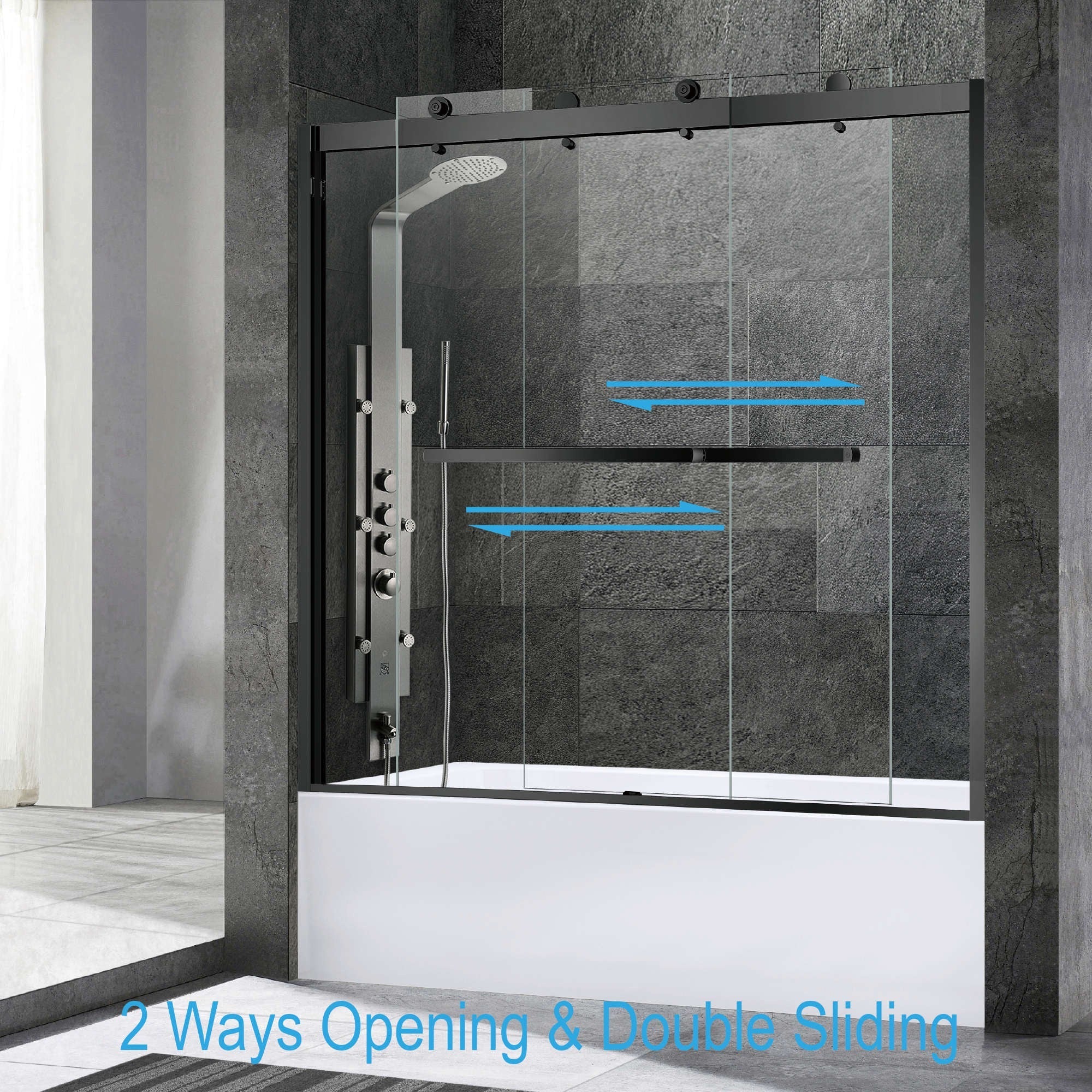 WOODBRIDGE Frameless Bathtub Shower Doors 56-60" Width x 62"Height with 3/8"(10mm) Clear Tempered Glass, 2 Ways Opening & Double Sliding,SDD6062