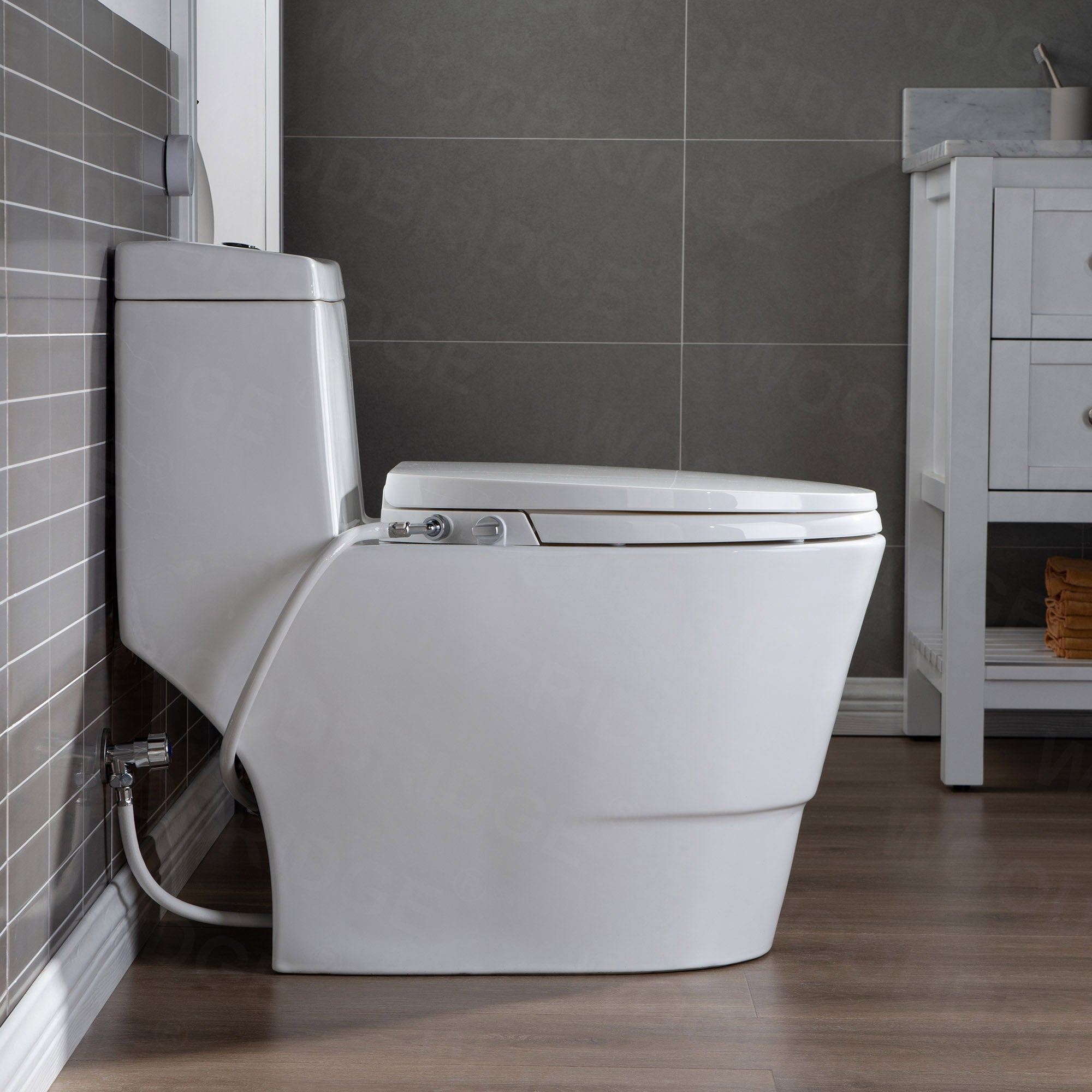 WOODBRIDGE T-0042 One Piece 1.1GPF/1.6 GPF Dual Flush Elongated Toilet with Non-Electric Toilet Seat in White