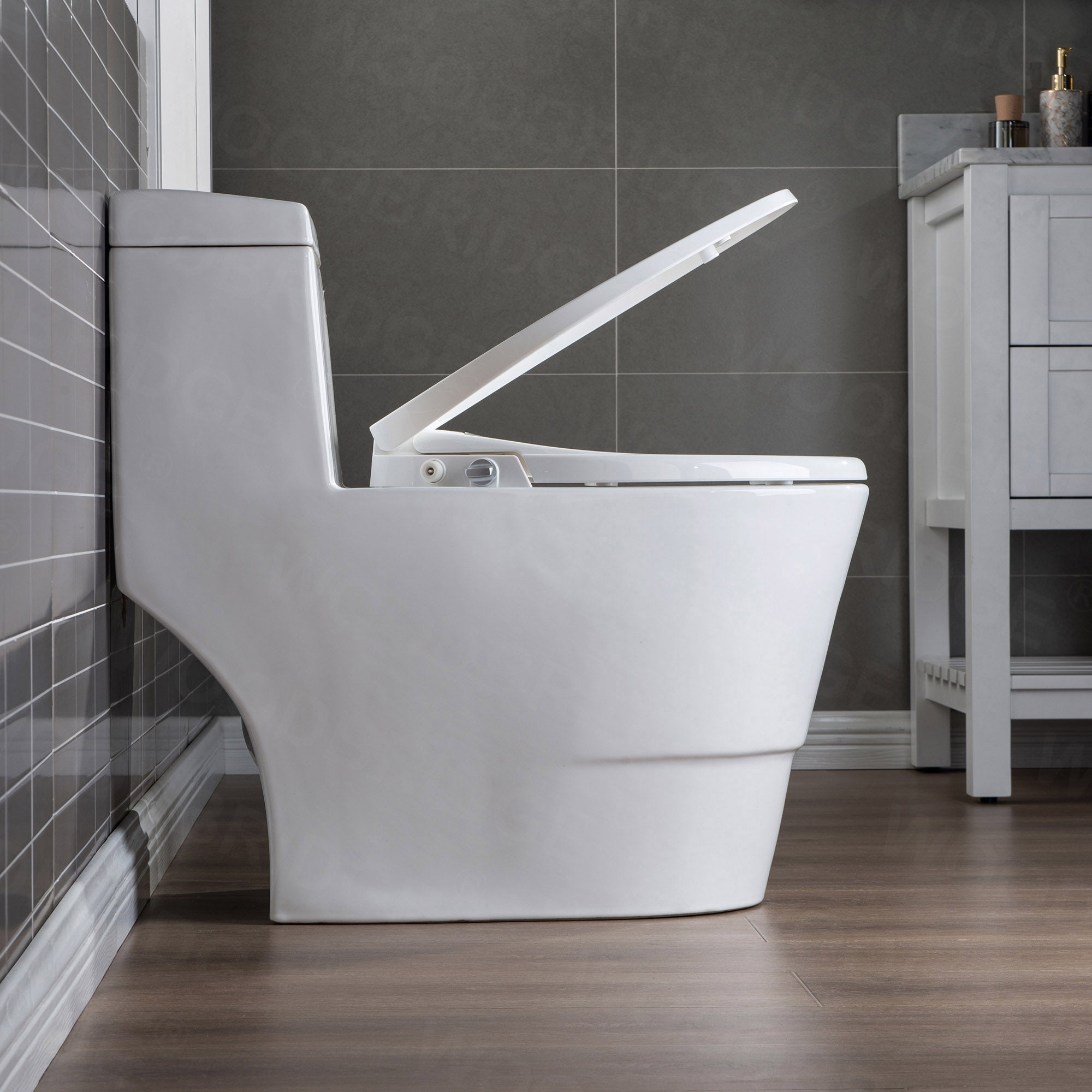 WOODBRIDGE T-0042 One Piece 1.1GPF/1.6 GPF Dual Flush Elongated Toilet with Non-Electric Toilet Seat in White