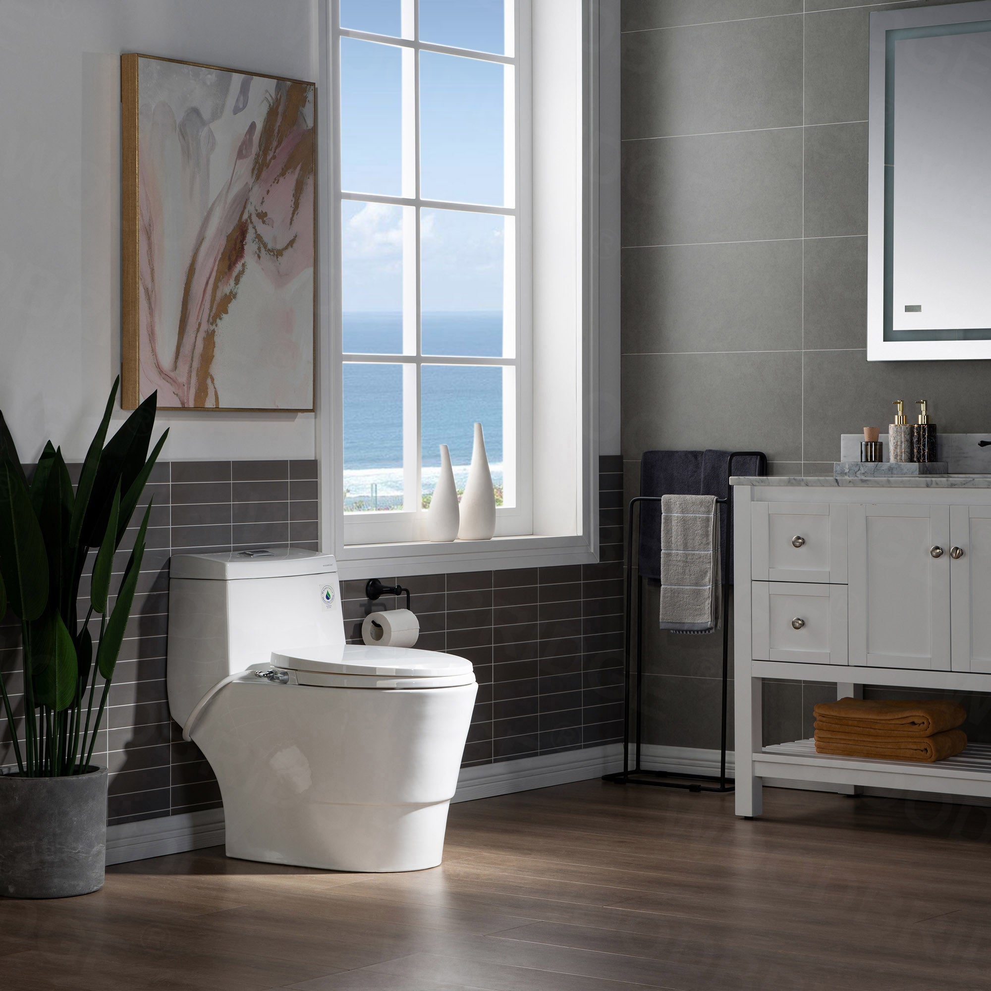 WOODBRIDGE T-0042 One Piece 1.1GPF/1.6 GPF Dual Flush Elongated Toilet with Non-Electric Toilet Seat in White