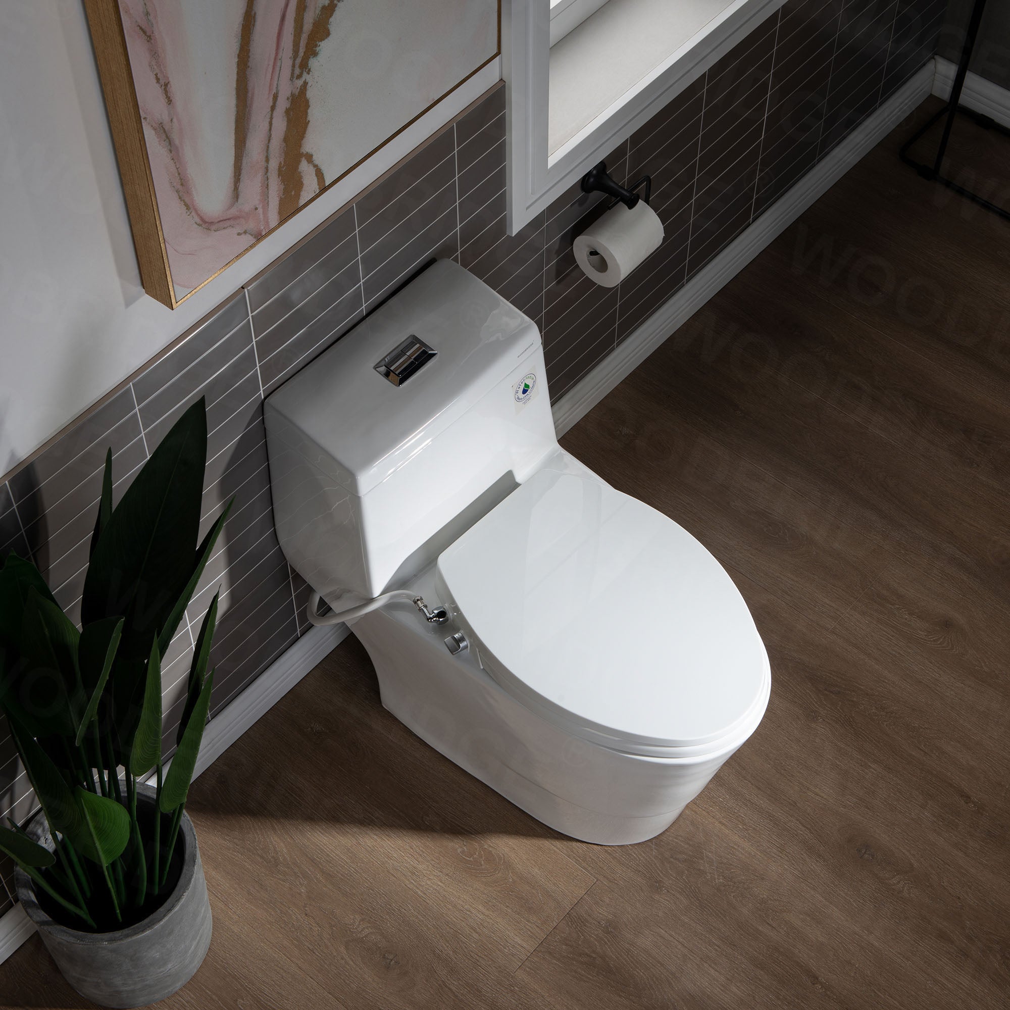 WOODBRIDGE T-0042 One Piece 1.1GPF/1.6 GPF Dual Flush Elongated Toilet with Non-Electric Toilet Seat in White