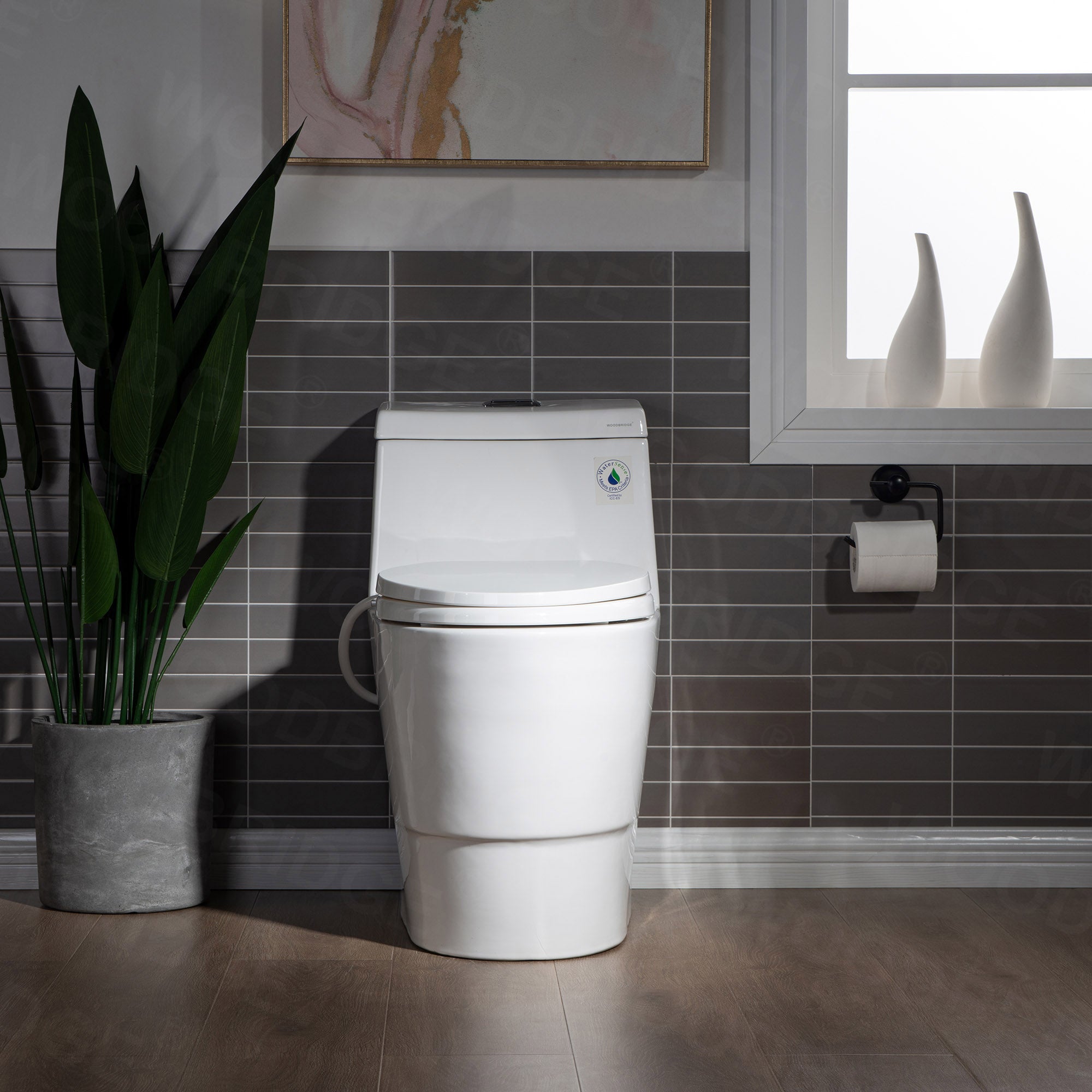 WOODBRIDGE T-0042 One Piece 1.1GPF/1.6 GPF Dual Flush Elongated Toilet with Non-Electric Toilet Seat in White