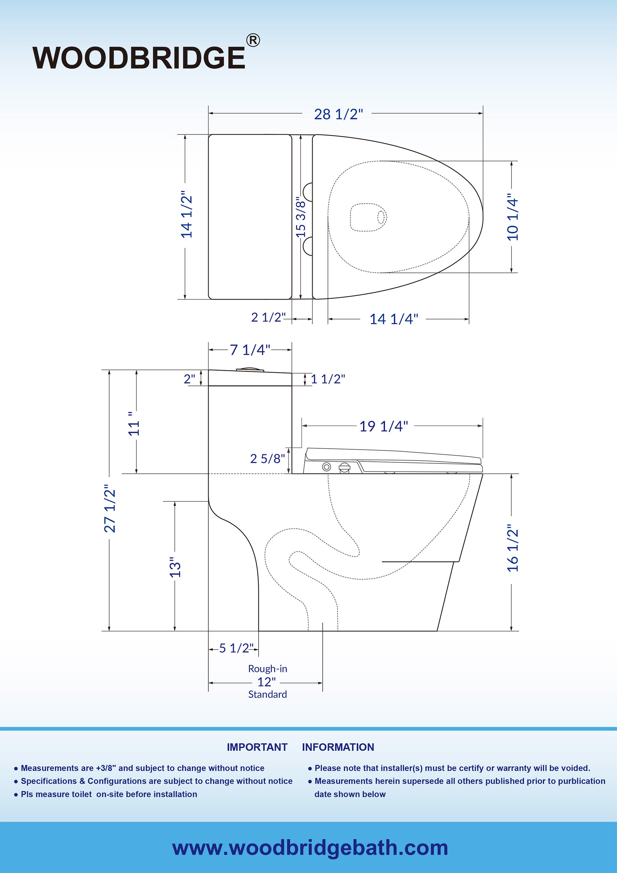 WOODBRIDGE T-0042 One Piece 1.1GPF/1.6 GPF Dual Flush Elongated Toilet with Non-Electric Toilet Seat in White