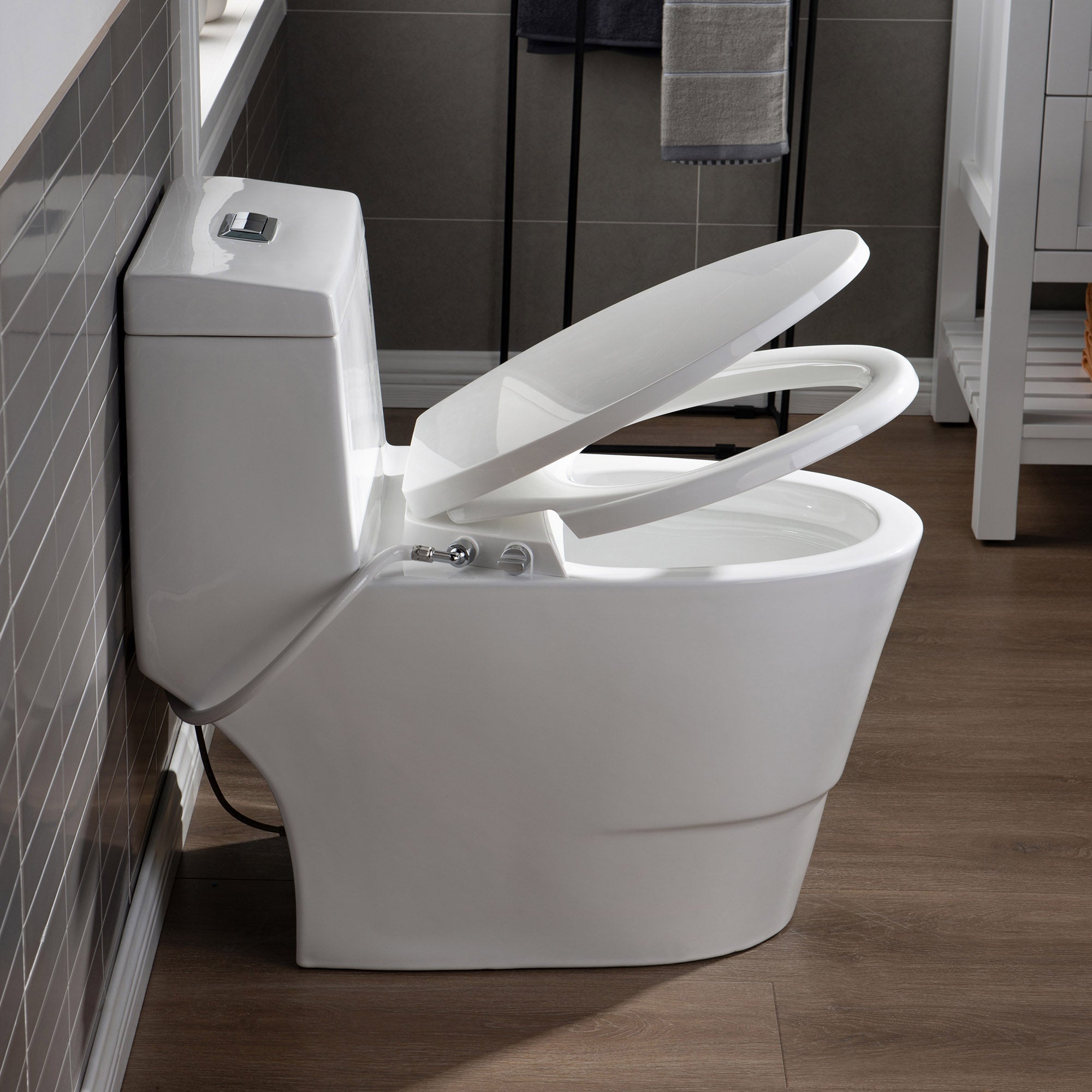 WOODBRIDGE T-0042 One Piece 1.1GPF/1.6 GPF Dual Flush Elongated Toilet with Non-Electric Toilet Seat in White