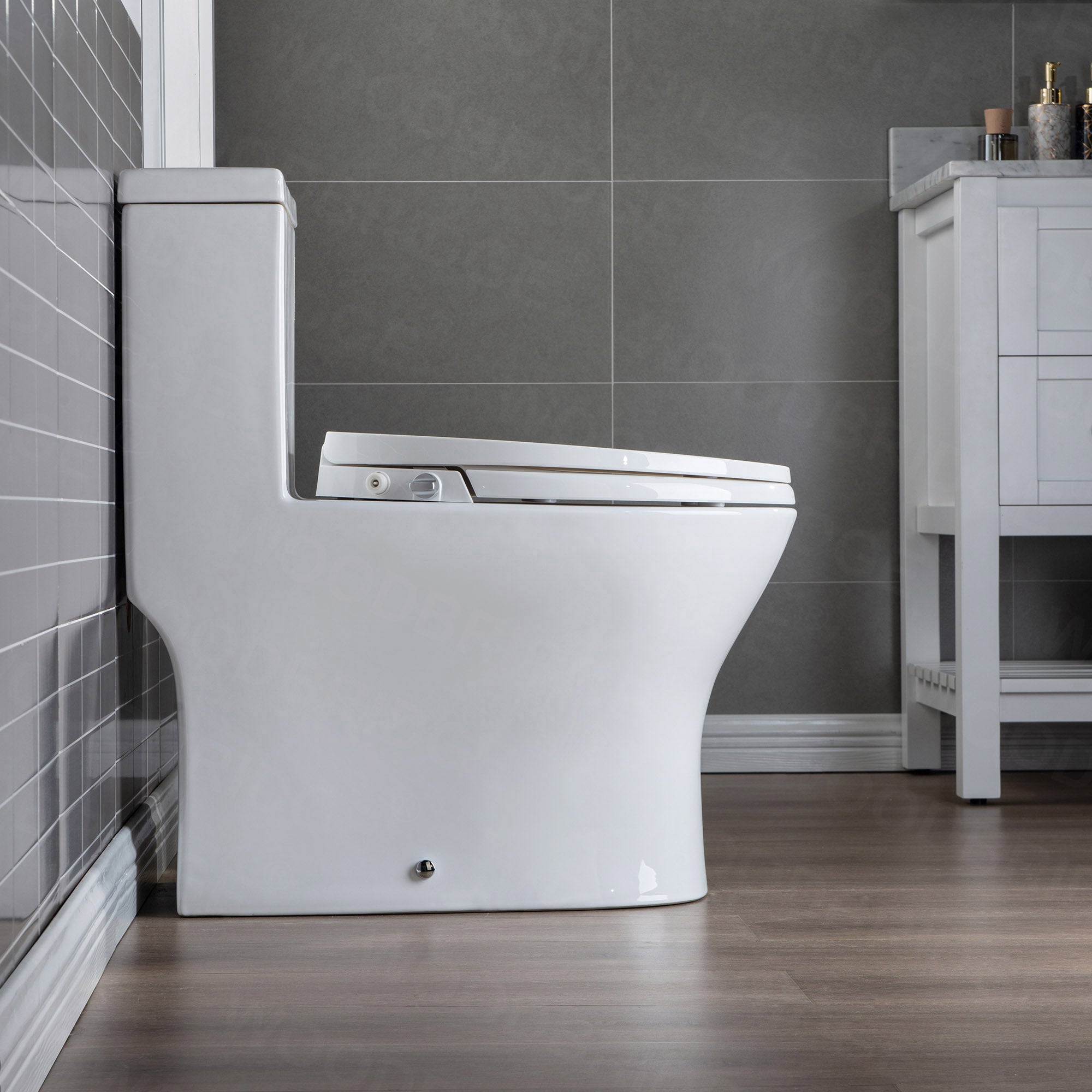 WOODBRIDGE T-0045 Modern One Piece Elongated High Effiency Toilet with Manual Operated Soft-Closed Toilet Seat, White
