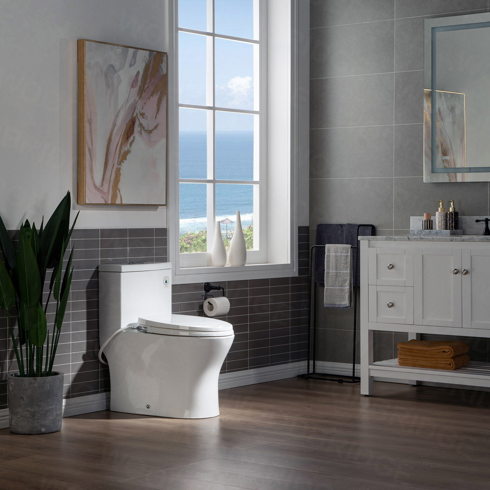 WOODBRIDGE T-0045 Modern One Piece Elongated High Effiency Toilet with Manual Operated Soft-Closed Toilet Seat, White