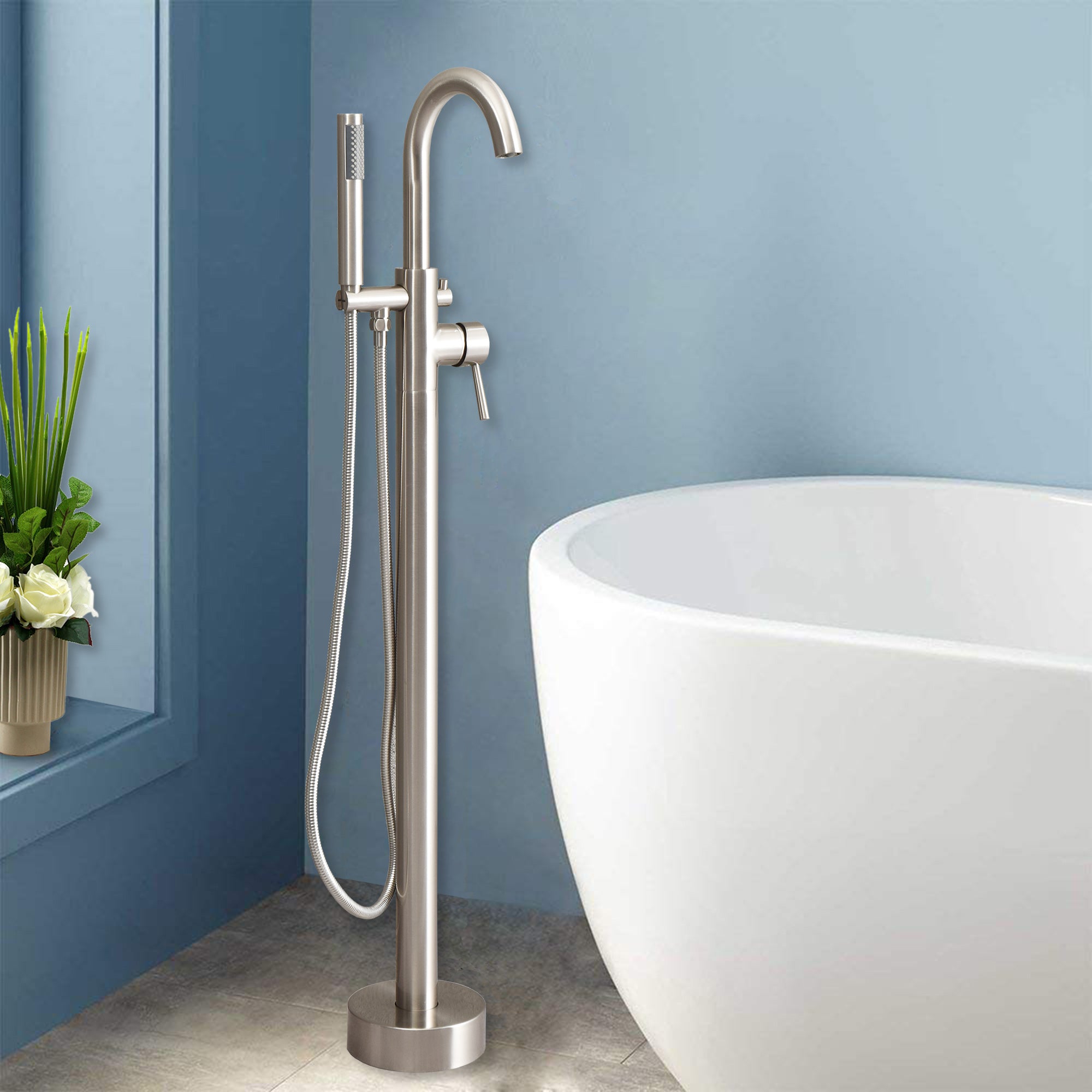 WOODBRIDGE F0001BNRD Contemporary Single Handle Floor Mount Freestanding Tub Filler Faucet with Hand shower