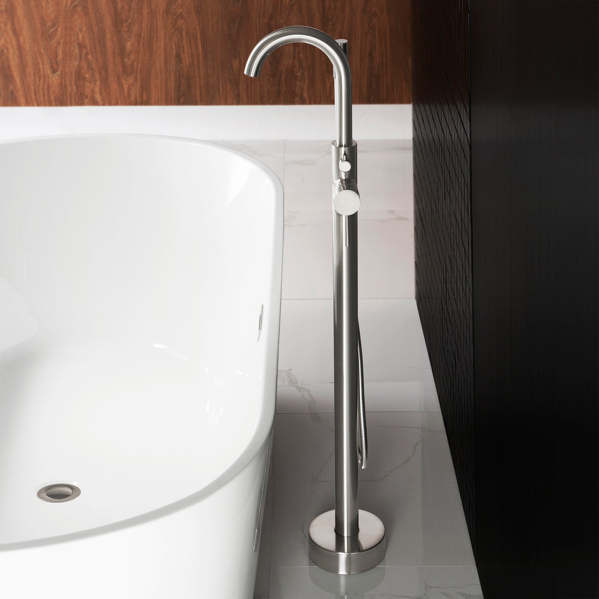 WOODBRIDGE F0001BNRD Contemporary Single Handle Floor Mount Freestanding Tub Filler Faucet with Hand shower