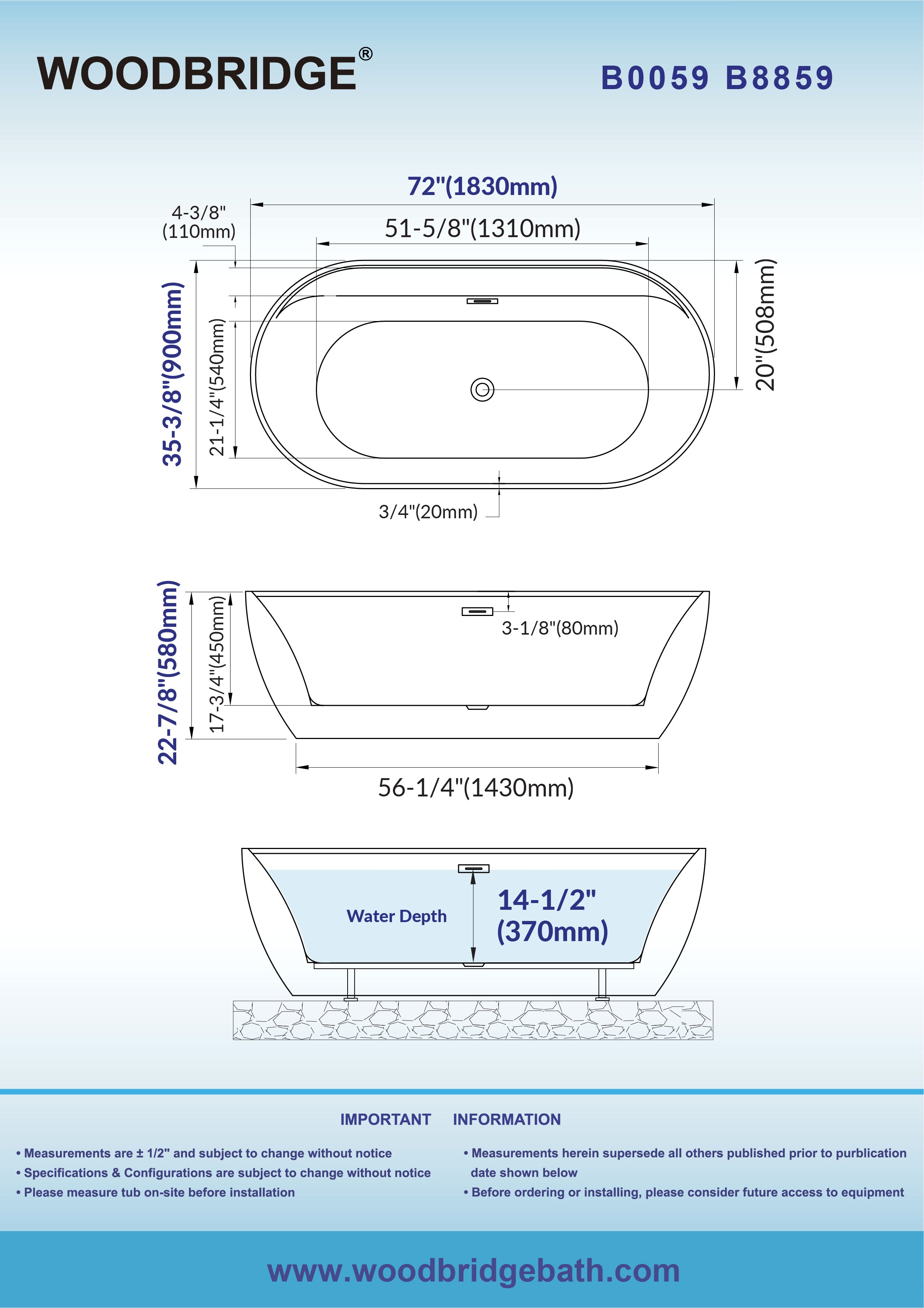 WOODBRIDGE 72" L x 35-3/8" W Freestanding Contemporary Acrylic Soaking Bathtub with Drain & Overflow – B8859 Series
