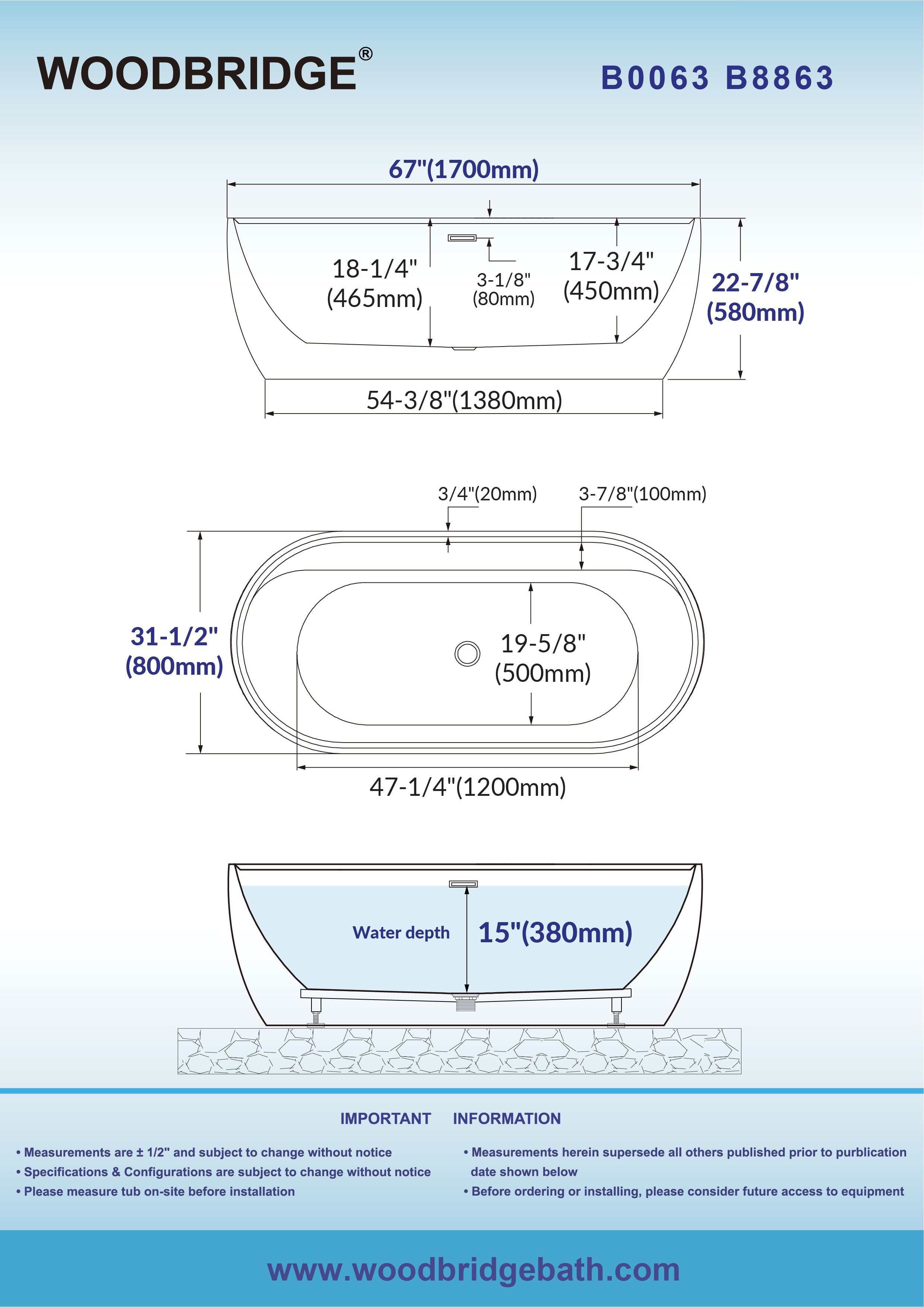 WOODBRIDGE 67" L x 31-1/2" W Freestanding Contemporary Acrylic Soaking Bathtub with Drain & Overflow – B8863 Series
