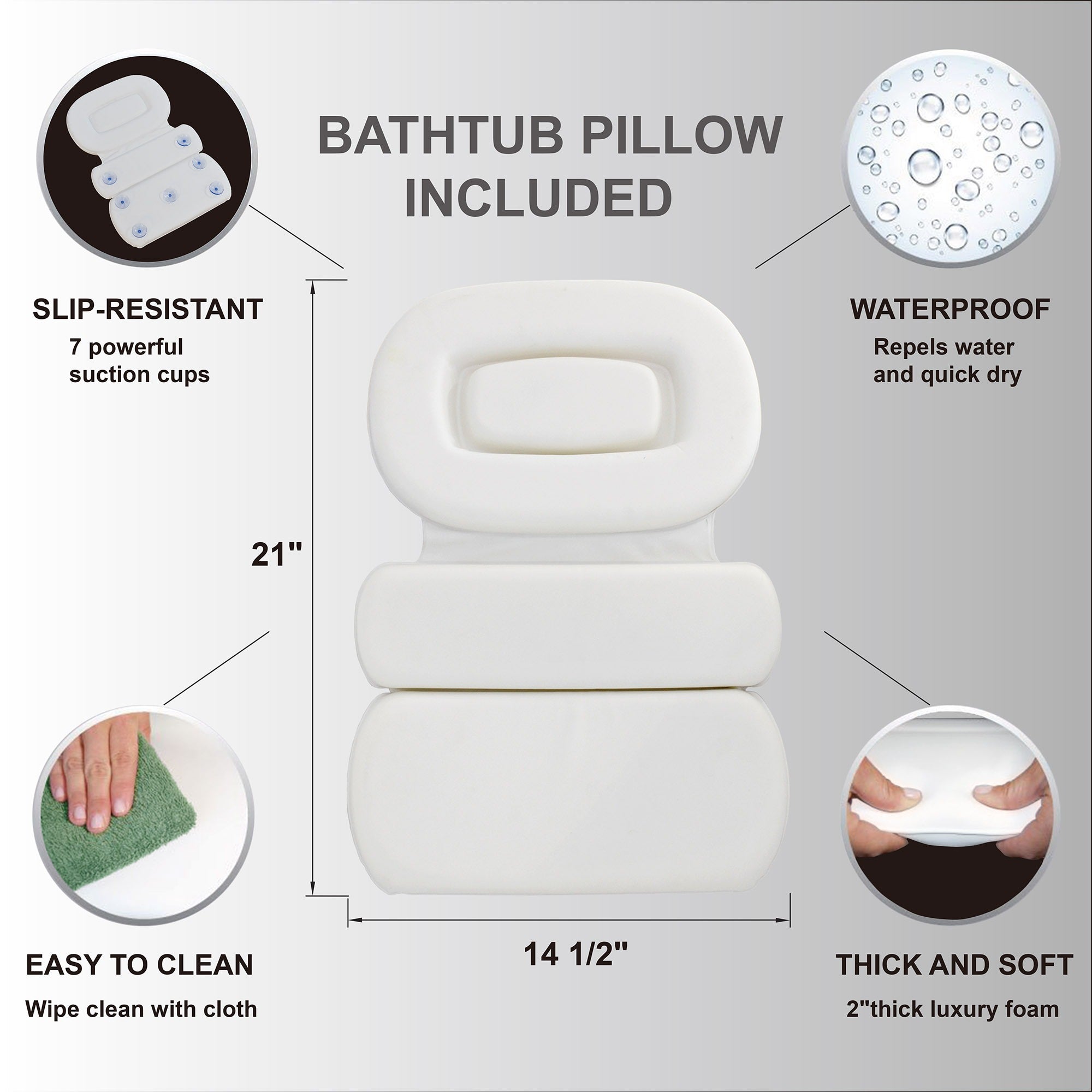 Woodbridge Bath Pillow Bathtub Pillow with 7 Powerful Suction Cups,14.5x21 Inch,Luxury Bath Pillows for Tub Neck and Back Support,PI-1411