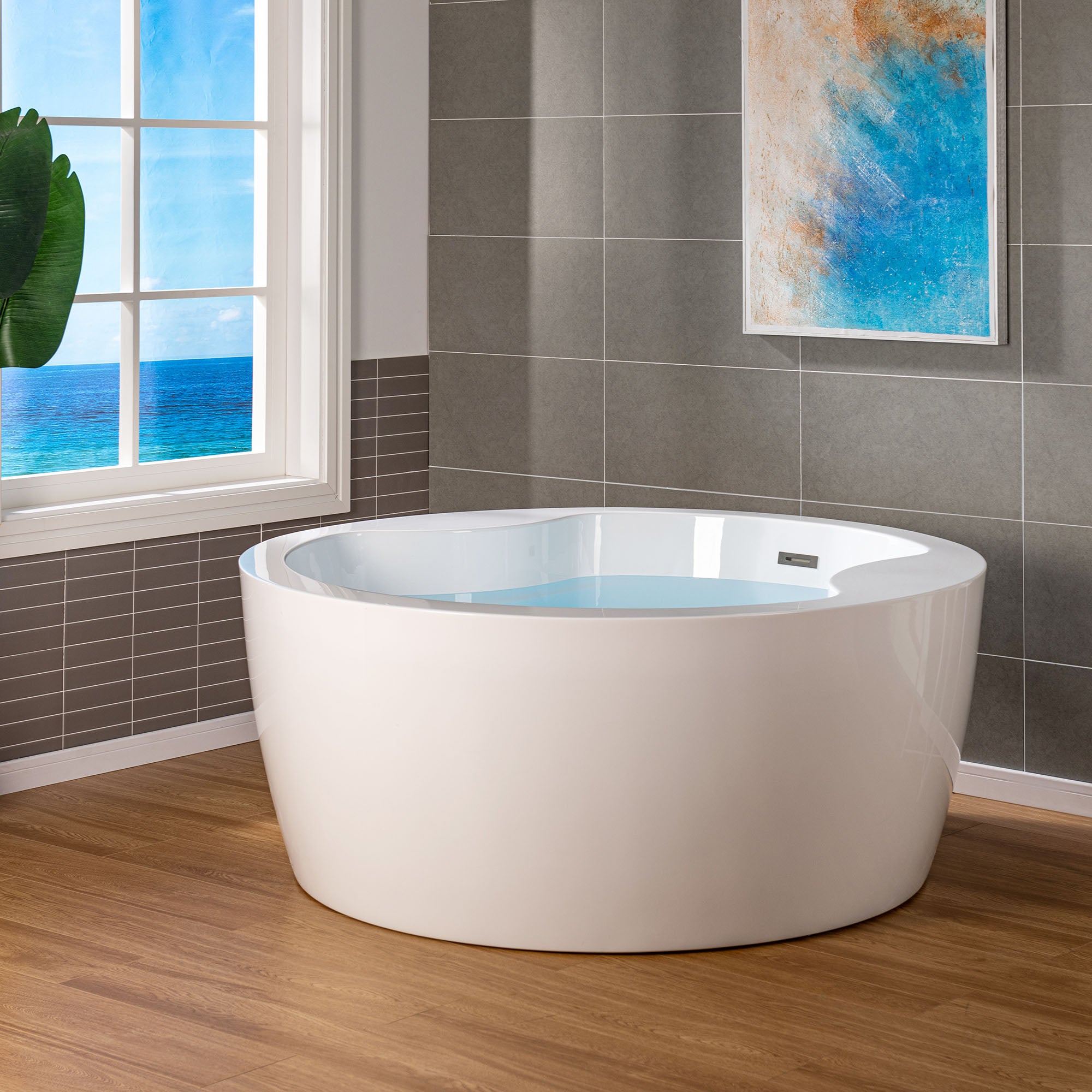 WOODBRIDGE 59" Acrylic Freestanding Round Double Soaking Tub with Pre-molded Seat, Drain & Overflow, B0061