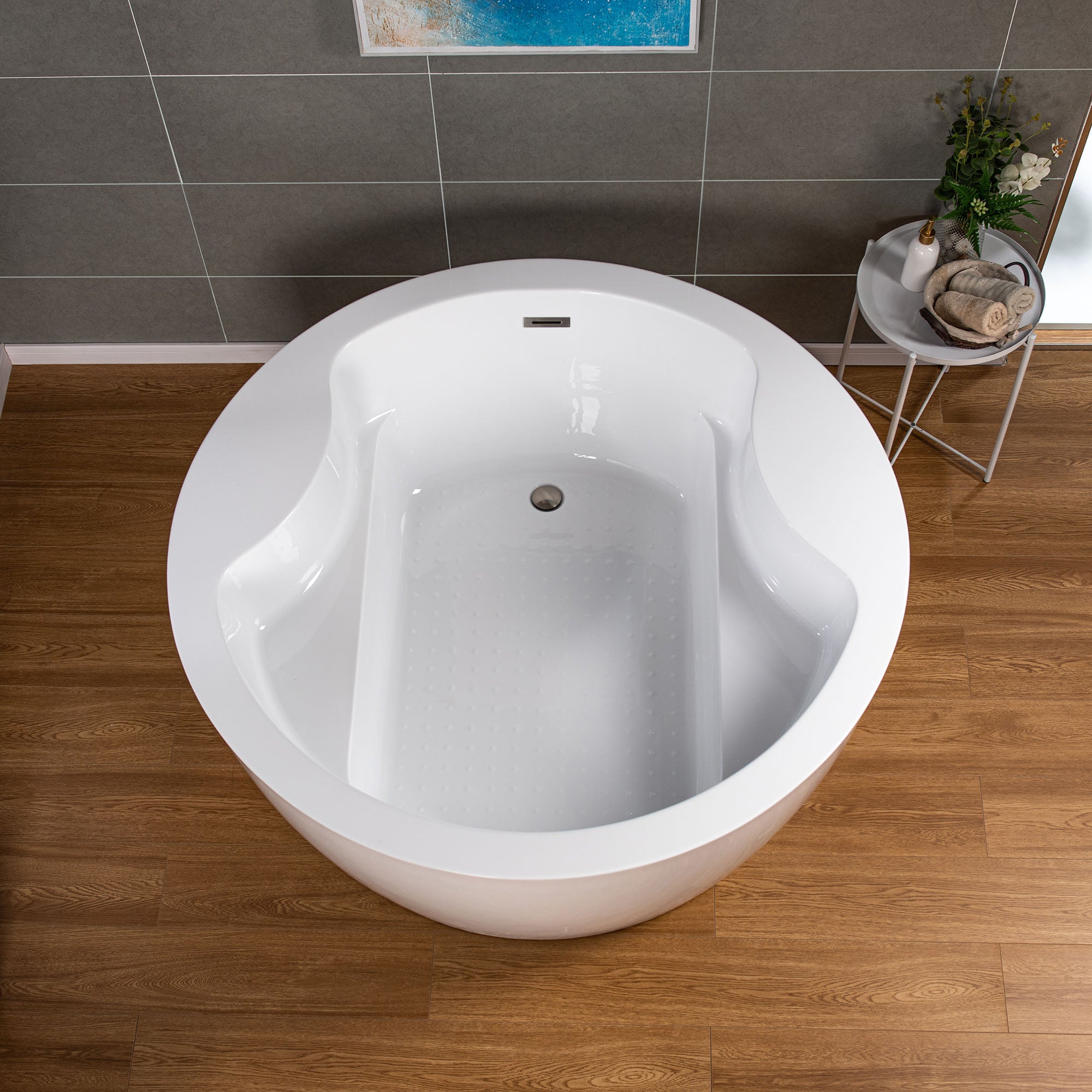 WOODBRIDGE 59" Acrylic Freestanding Round Double Soaking Tub with Pre-molded Seat, Drain & Overflow, B0061