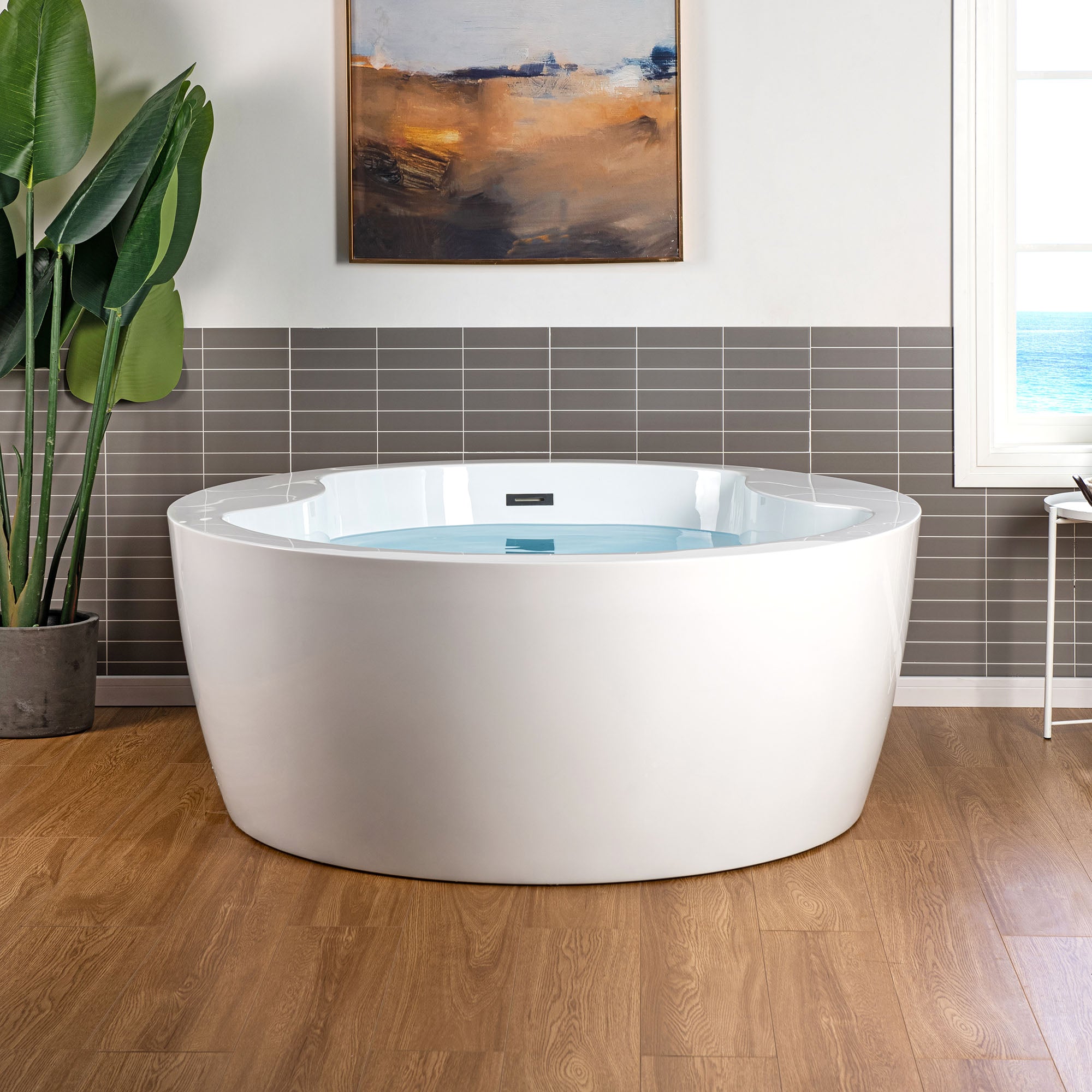 WOODBRIDGE 59" Acrylic Freestanding Round Double Soaking Tub with Pre-molded Seat, Drain & Overflow, B0061