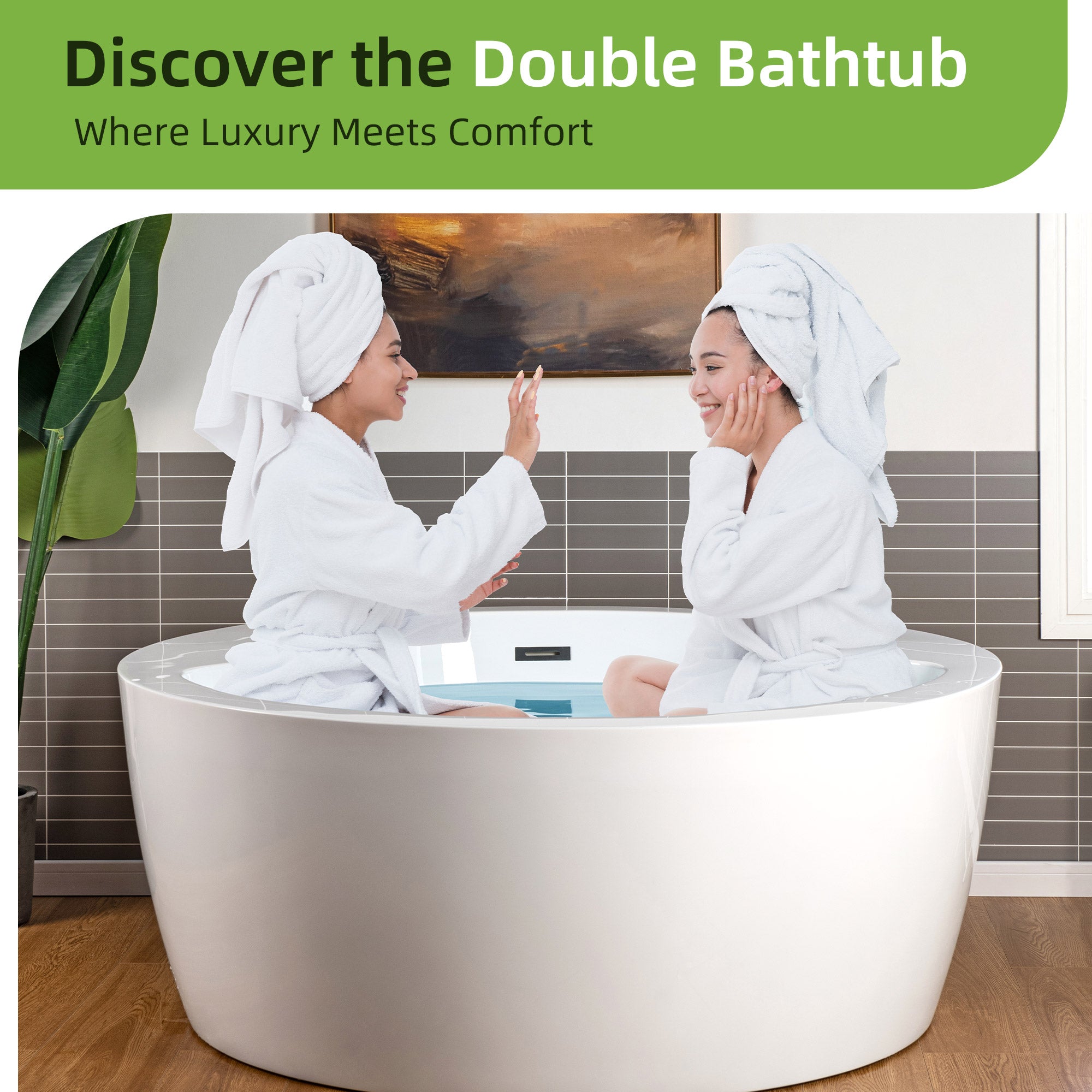 WOODBRIDGE 59" Acrylic Freestanding Round Double Soaking Tub with Pre-molded Seat, Drain & Overflow, B0061