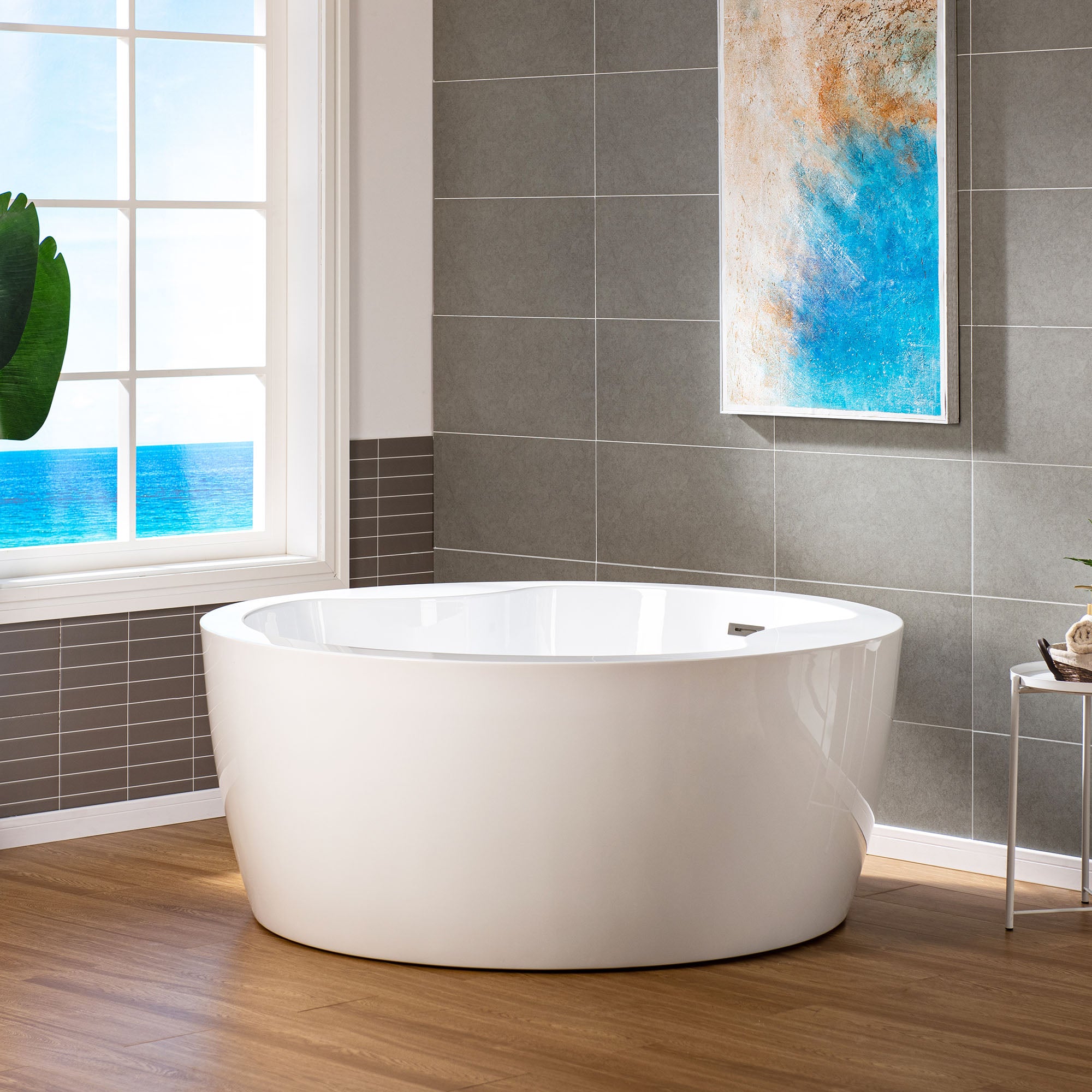 WOODBRIDGE 59" Acrylic Freestanding Round Double Soaking Tub with Pre-molded Seat, Drain & Overflow, B0061