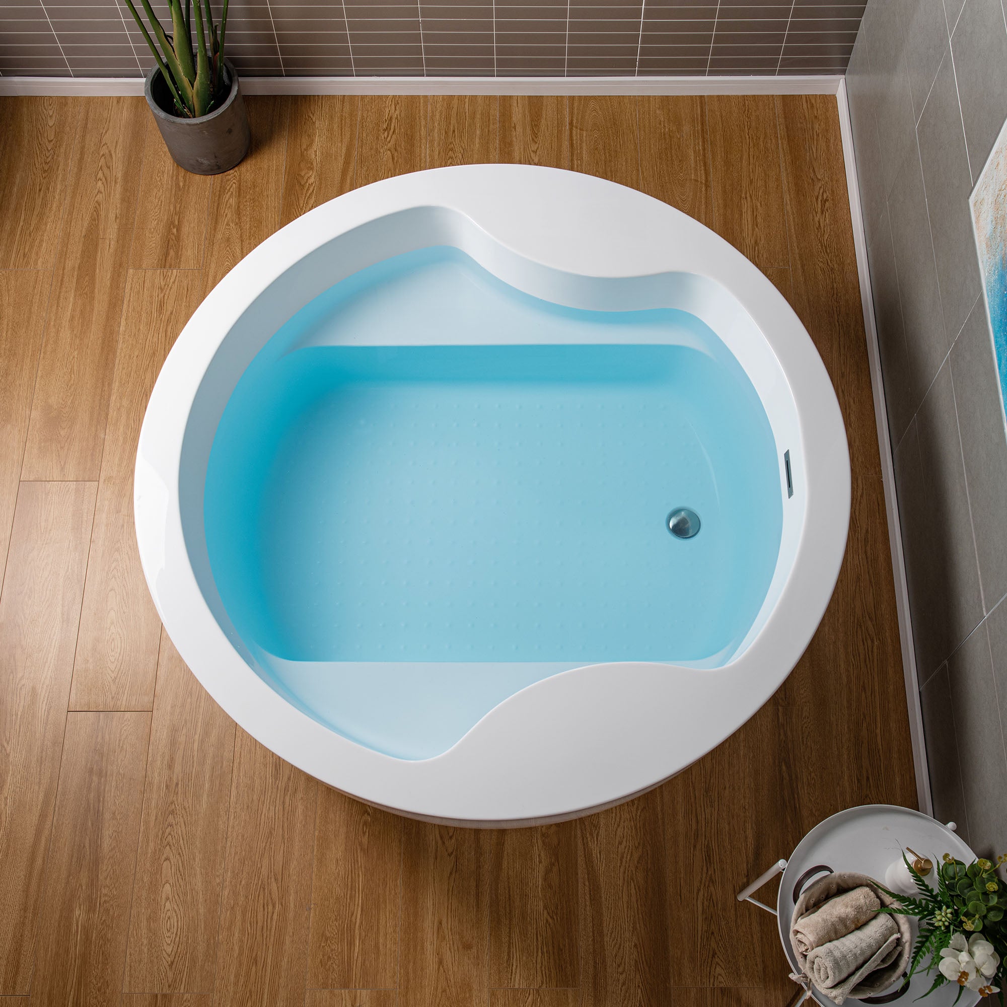 WOODBRIDGE 59" Acrylic Freestanding Round Double Soaking Tub with Pre-molded Seat, Drain & Overflow, B0061
