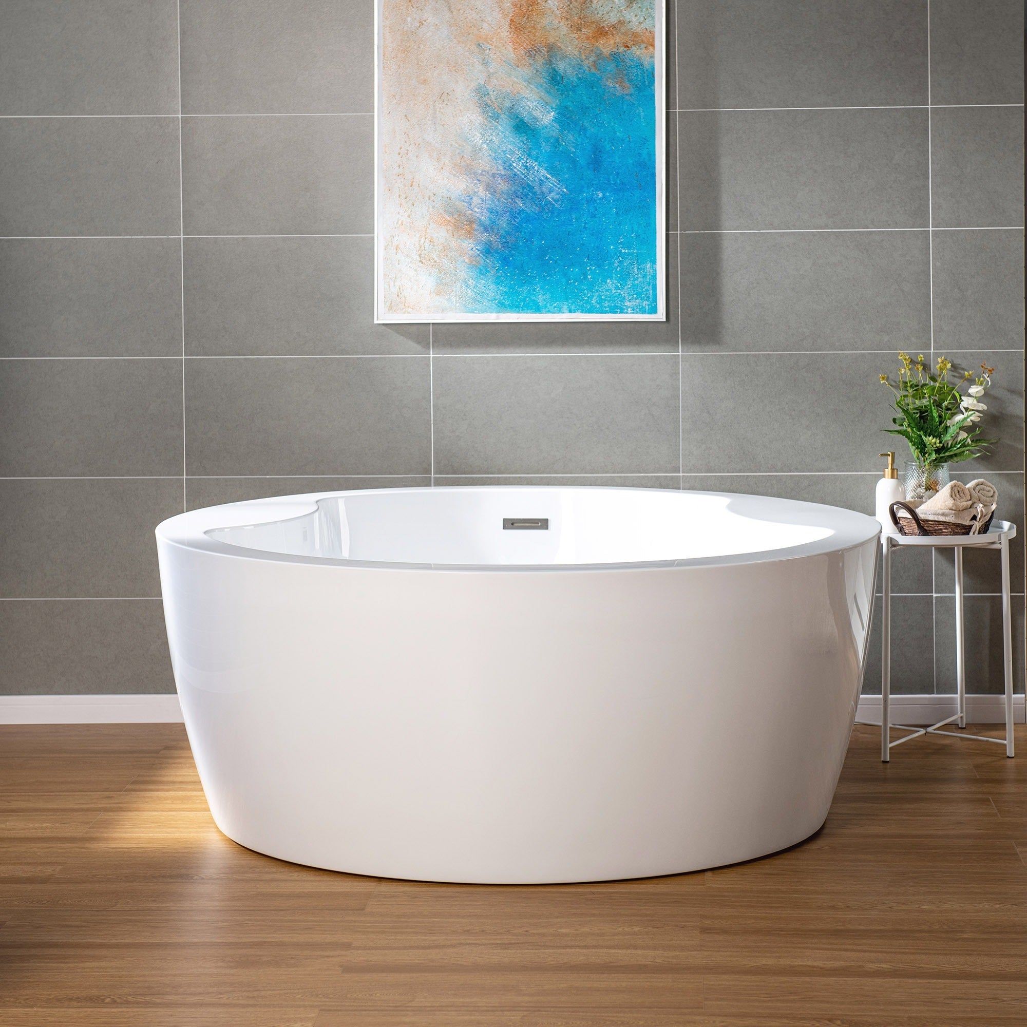 WOODBRIDGE 59" Acrylic Freestanding Round Double Soaking Tub with Pre-molded Seat, Drain & Overflow, B0061