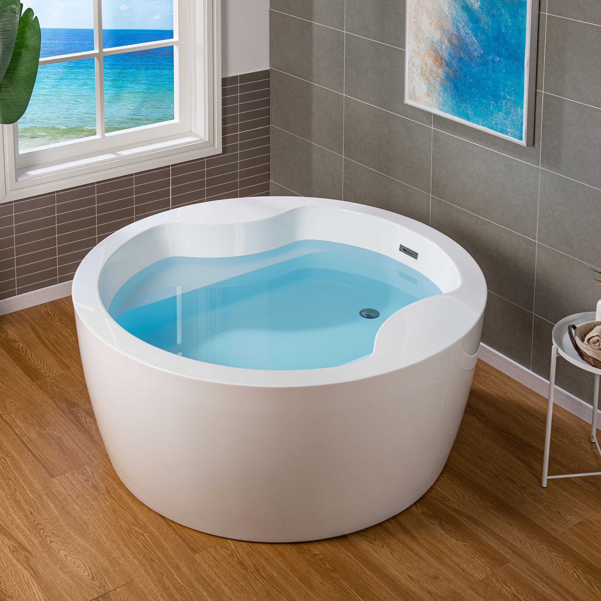 WOODBRIDGE 59" Acrylic Freestanding Round Double Soaking Tub with Pre-molded Seat, Drain & Overflow, B0061