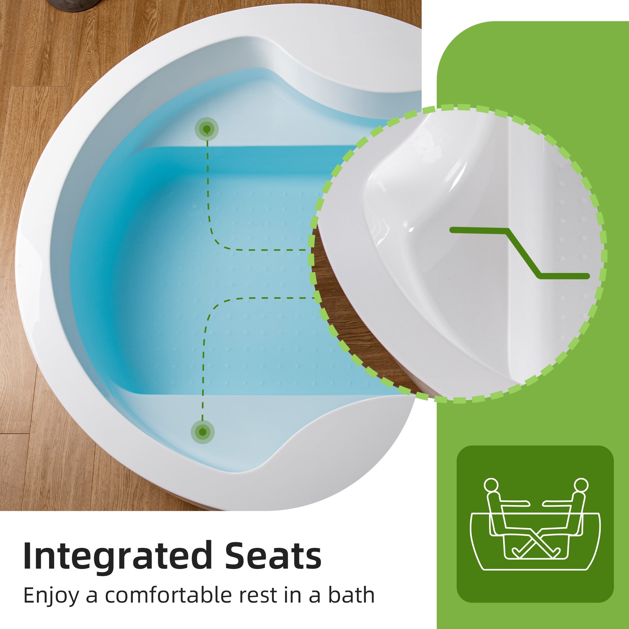 WOODBRIDGE 59" Acrylic Freestanding Round Double Soaking Tub with Pre-molded Seat, Drain & Overflow, B0061