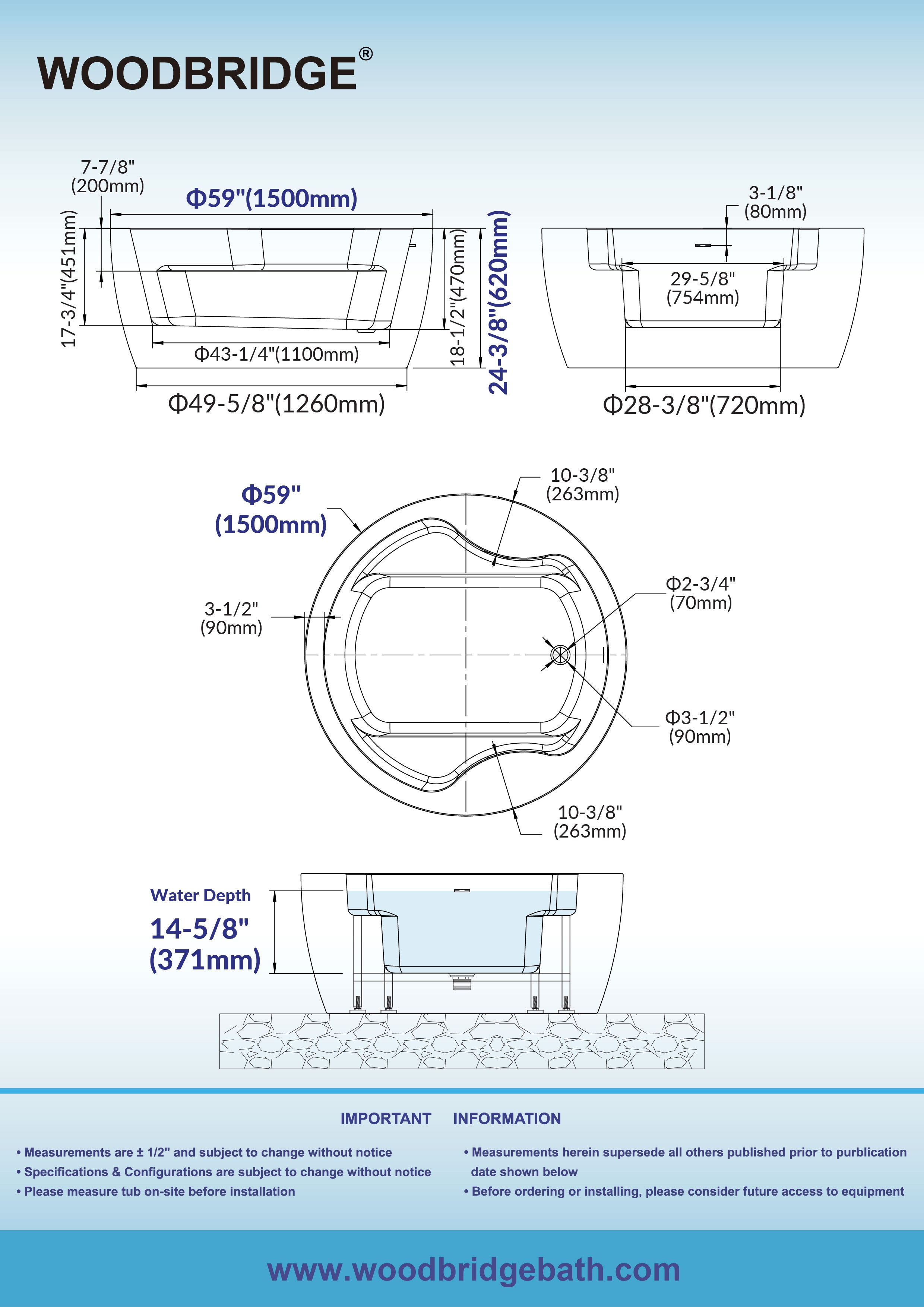WOODBRIDGE 59" Acrylic Freestanding Round Double Soaking Tub with Pre-molded Seat, Drain & Overflow, B0061