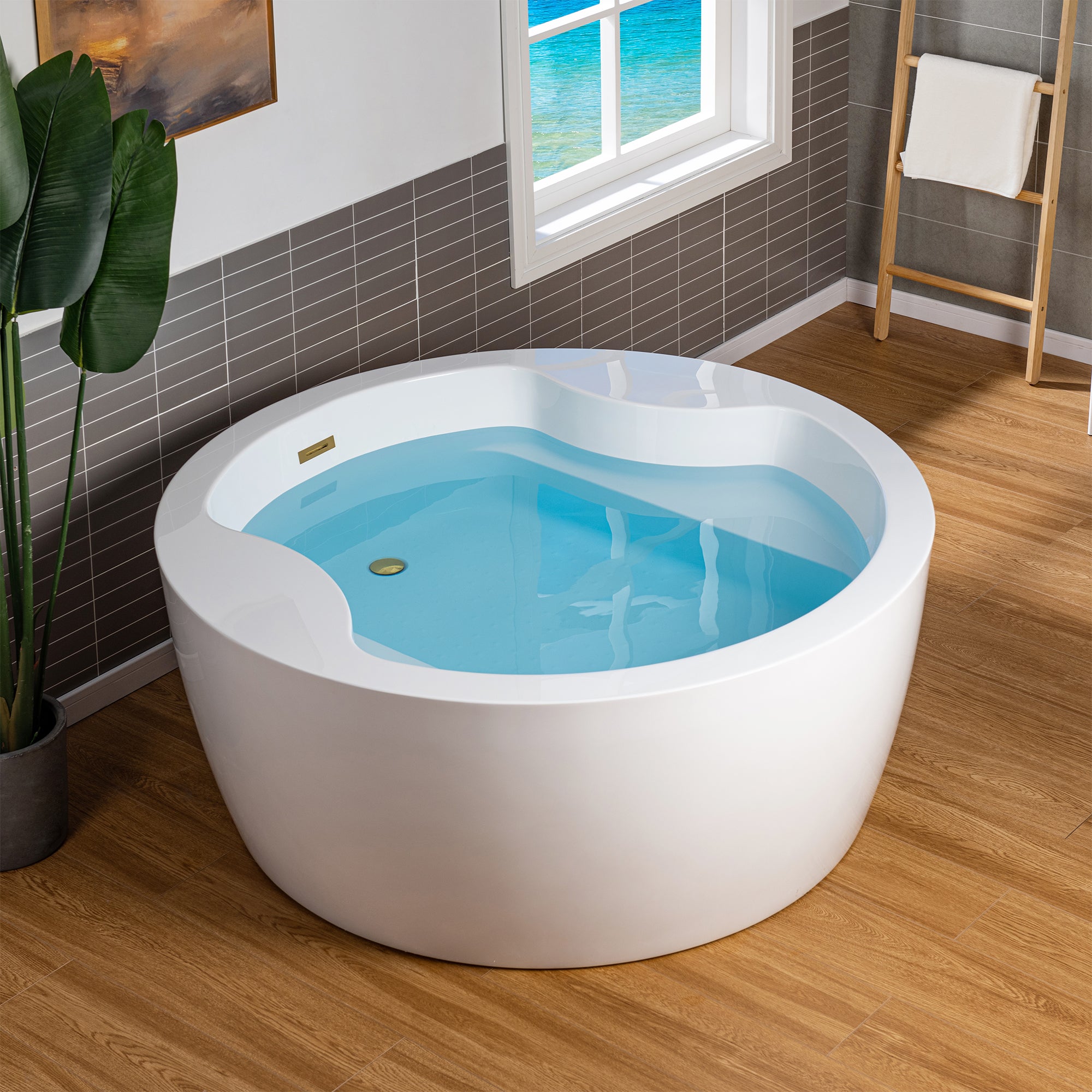 WOODBRIDGE 59" Acrylic Freestanding Round Double Soaking Tub with Pre-molded Seat, Drain & Overflow, B0061