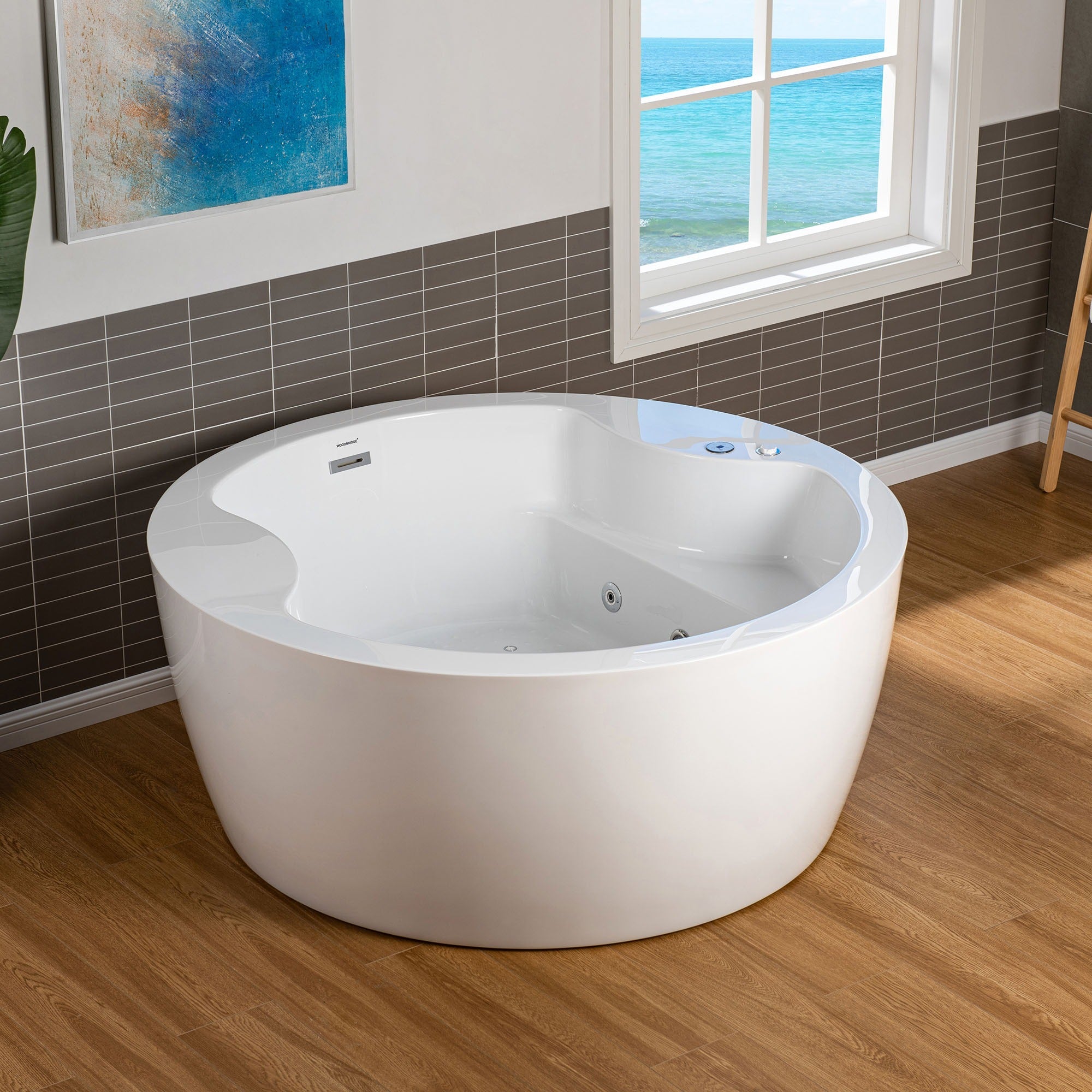 WOODBRIDGE Spacious 59" Whirlpool and Air Bath Heated Soaking Tub with Adjustable Speed Air Blower, LED Control Panel, Integrated Seat, BJ061