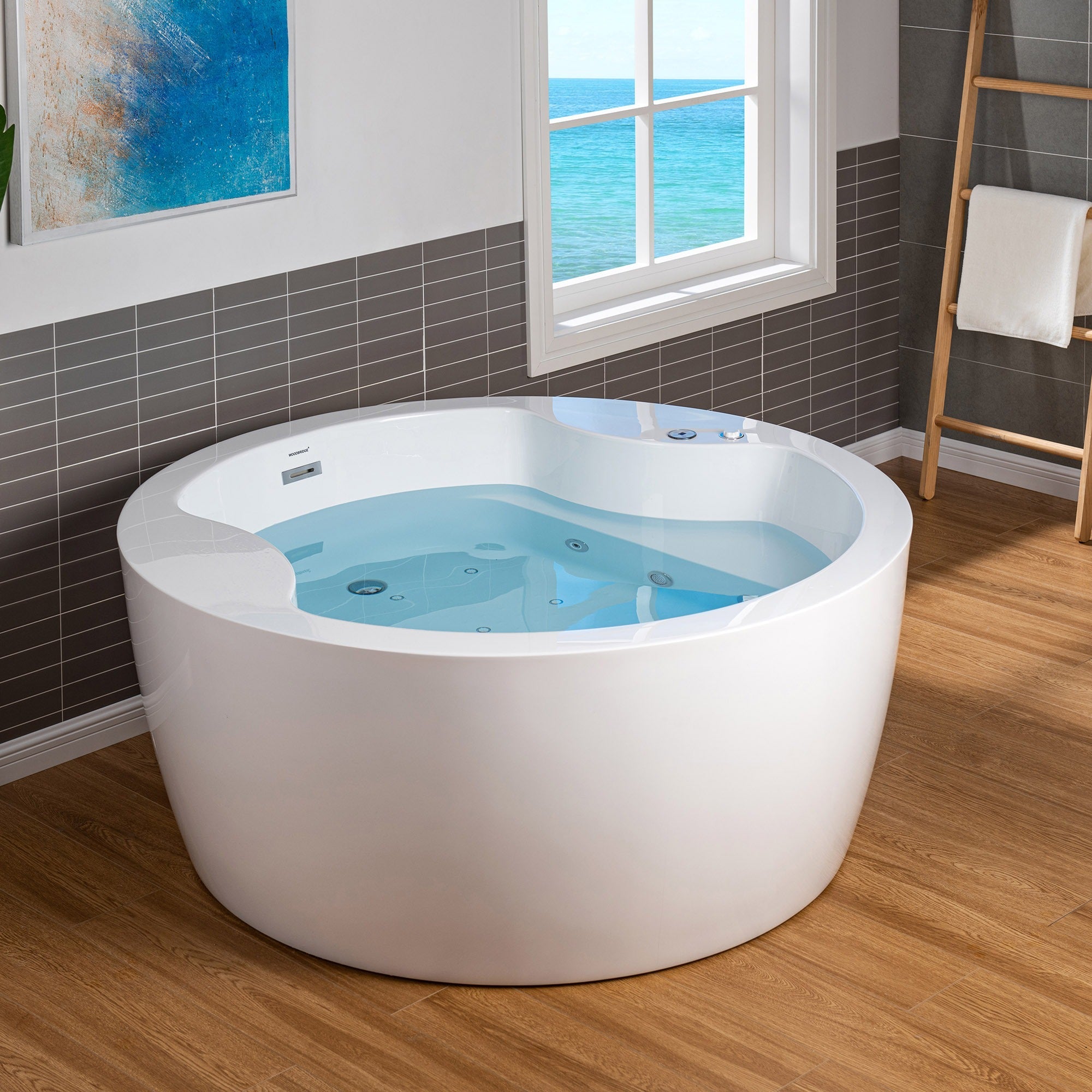 WOODBRIDGE Spacious 59" Whirlpool and Air Bath Heated Soaking Tub with Adjustable Speed Air Blower, LED Control Panel, Integrated Seat, BJ061