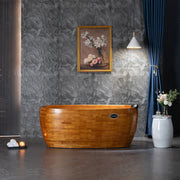 WOODBRIDGE 59" Freestanding Handcrafted Natural Wood Soaking Bathtub with Wood Lid, wood seat, Pillow and Chrome Pop Up Drain, WB1018
