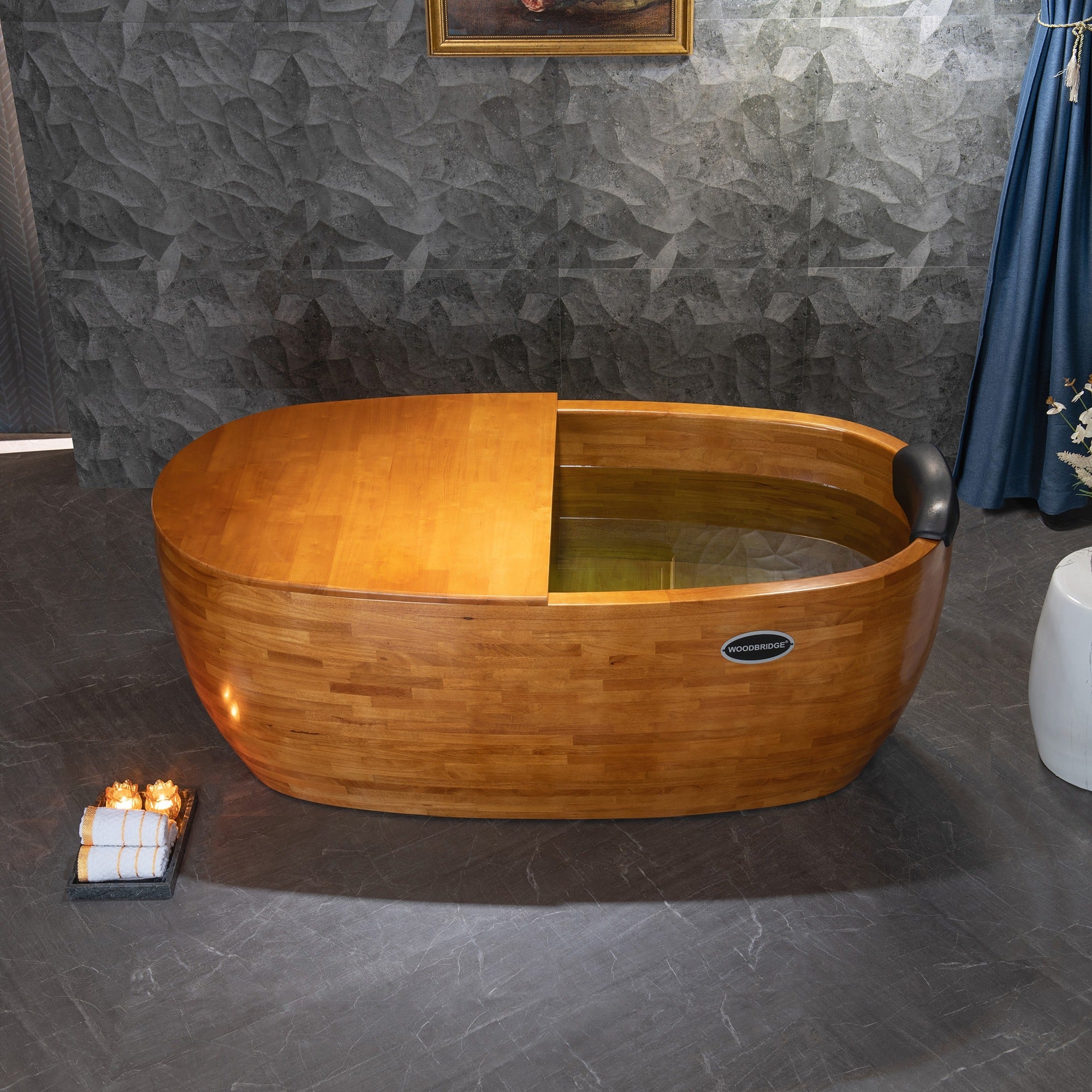 WOODBRIDGE 59" Freestanding Handcrafted Natural Wood Soaking Bathtub with Wood Lid, wood seat, Pillow and Chrome Pop Up Drain, WB1018