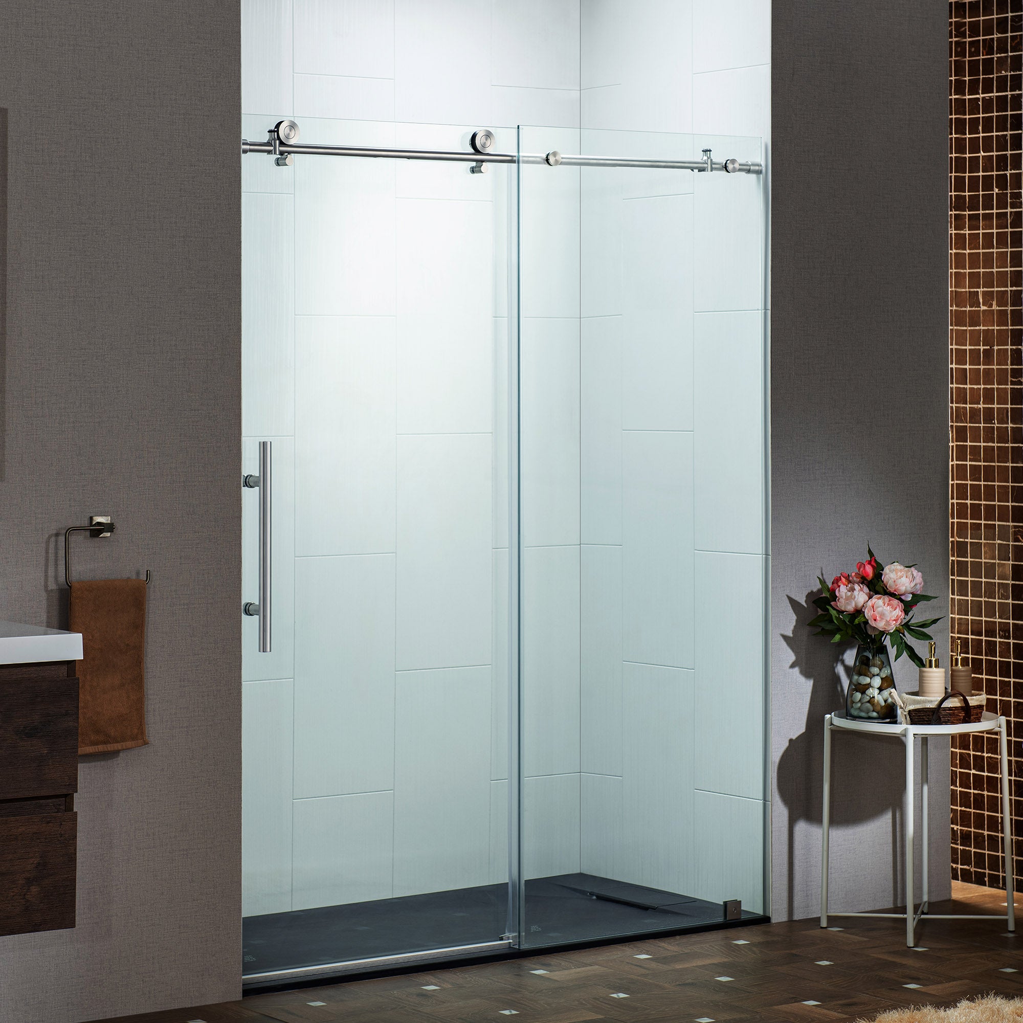 WOODBRIDGE Frameless Single Sliding Shower Doors, 45.5-48" Width x 76"Height with 3/8"(10mm) Clear Tempered Glass, Soft Close System and Explosion-Proof Film