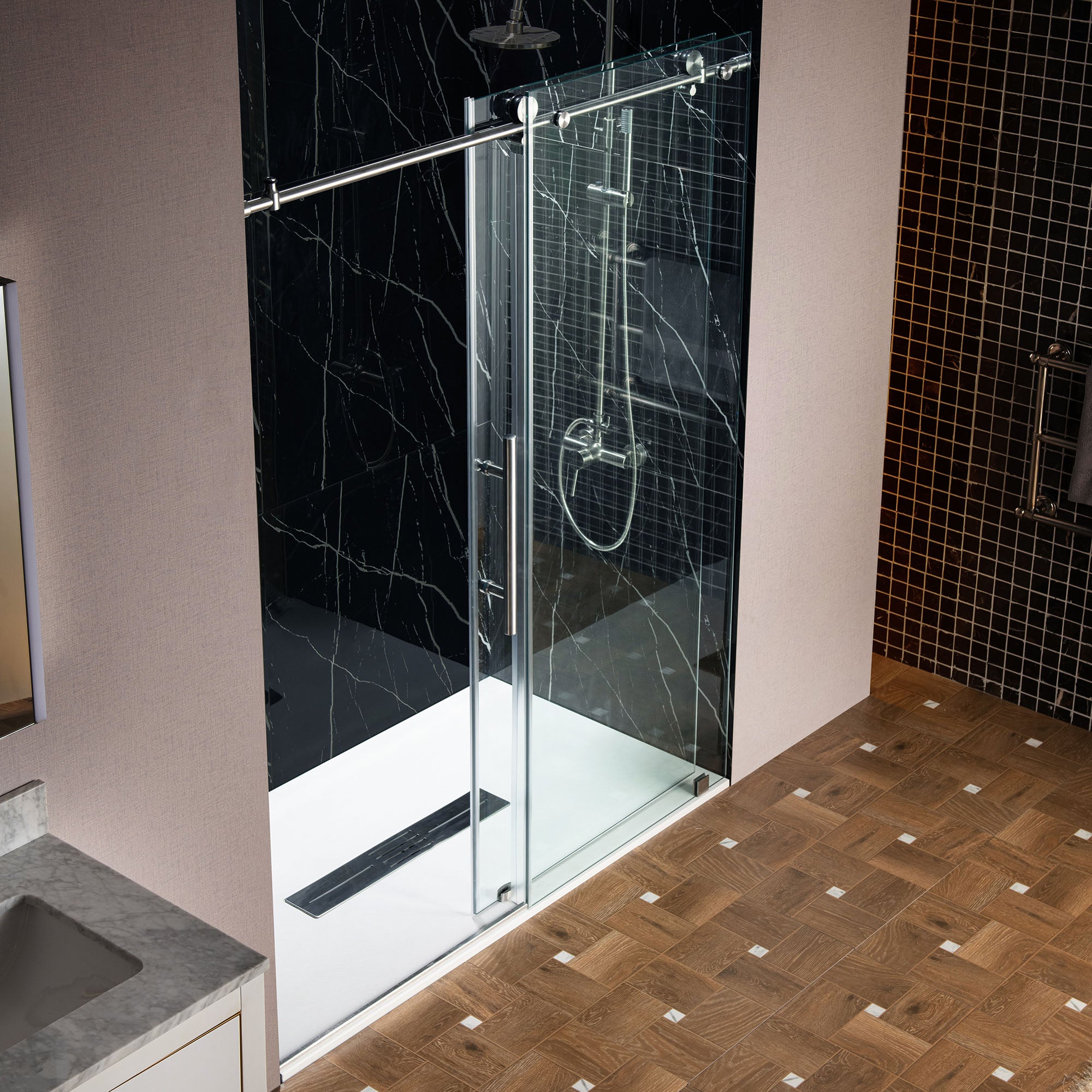 WOODBRIDGE Frameless Single Sliding Shower Doors, 45.5-48" Width x 76"Height with 3/8"(10mm) Clear Tempered Glass, Soft Close System and Explosion-Proof Film