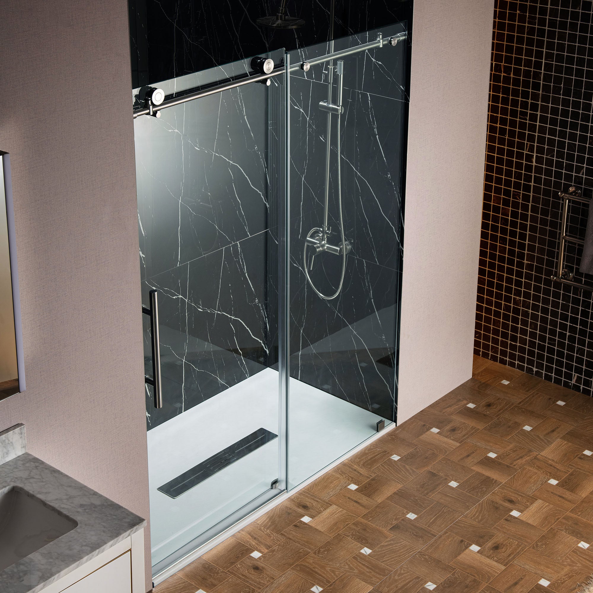 WOODBRIDGE Frameless Single Sliding Shower Doors, 45.5-48" Width x 76"Height with 3/8"(10mm) Clear Tempered Glass, Soft Close System and Explosion-Proof Film