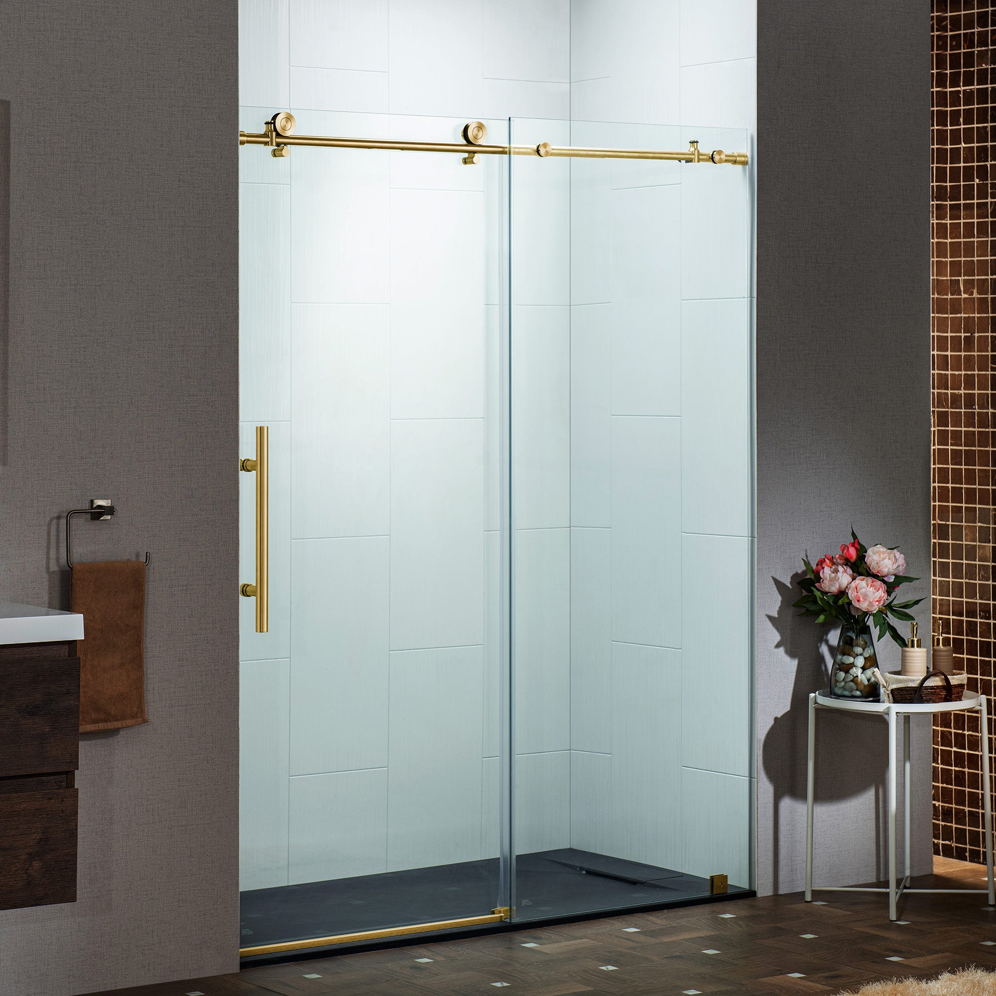 WOODBRIDGE Frameless Single Sliding Shower Doors, 45.5-48" Width x 76"Height with 3/8"(10mm) Clear Tempered Glass, Soft Close System and Explosion-Proof Film