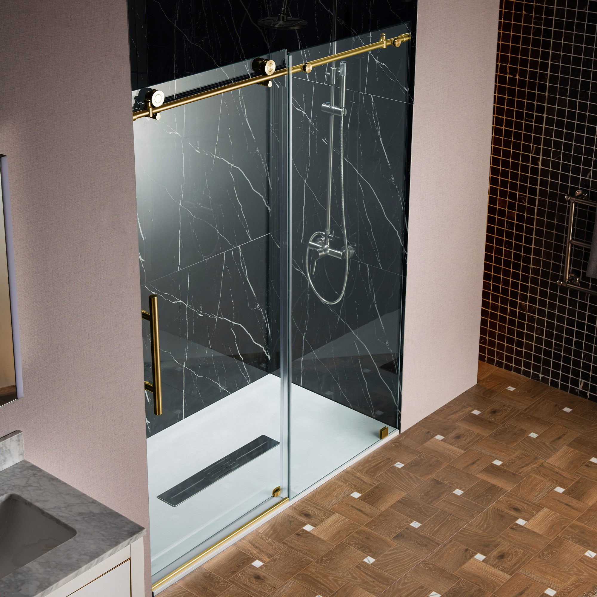 WOODBRIDGE Frameless Single Sliding Shower Doors, 45.5-48" Width x 76"Height with 3/8"(10mm) Clear Tempered Glass, Soft Close System and Explosion-Proof Film