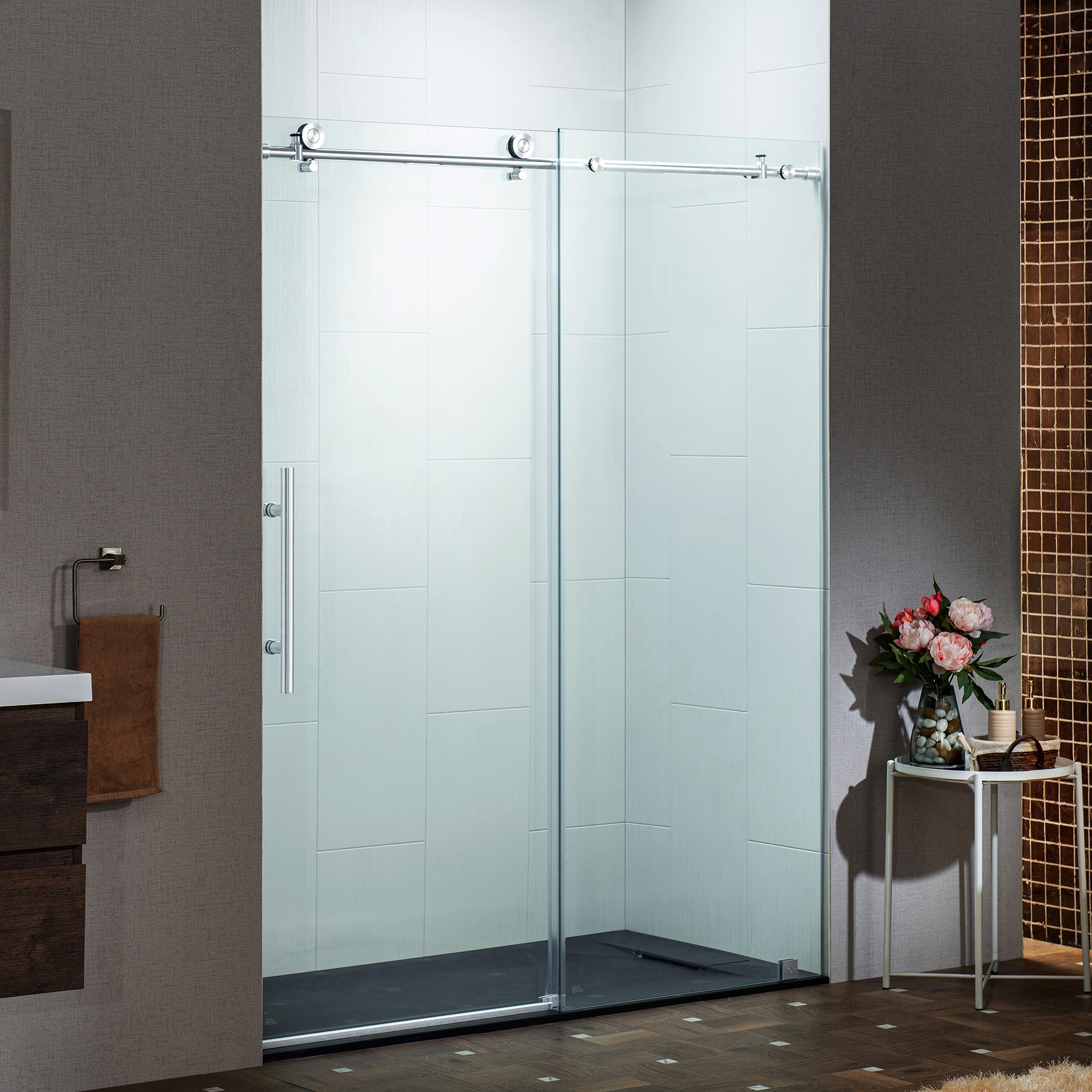WOODBRIDGE Frameless Single Sliding Shower Doors, 45.5-48" Width x 76"Height with 3/8"(10mm) Clear Tempered Glass, Soft Close System and Explosion-Proof Film
