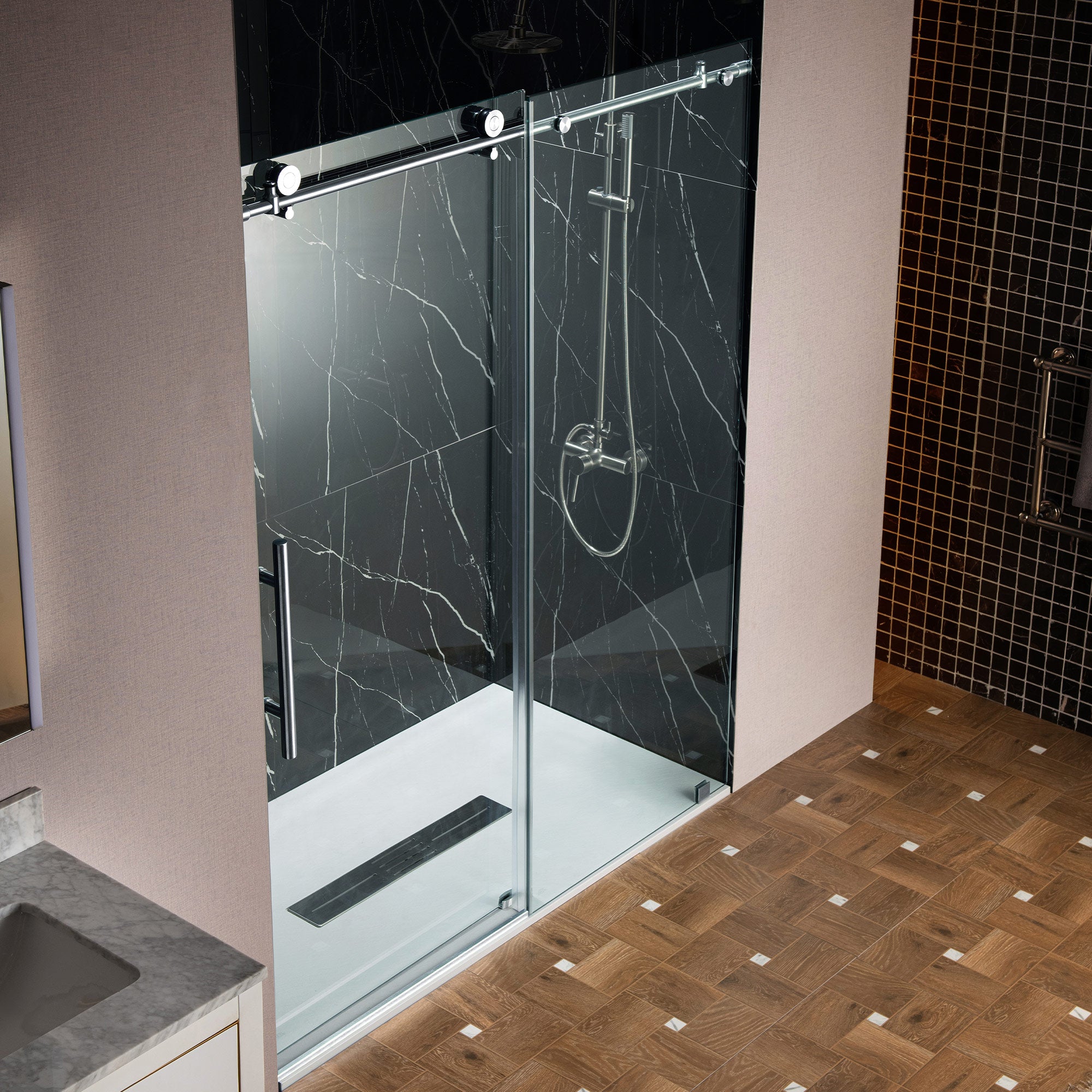 WOODBRIDGE Frameless Single Sliding Shower Doors, 45.5-48" Width x 76"Height with 3/8"(10mm) Clear Tempered Glass, Soft Close System and Explosion-Proof Film