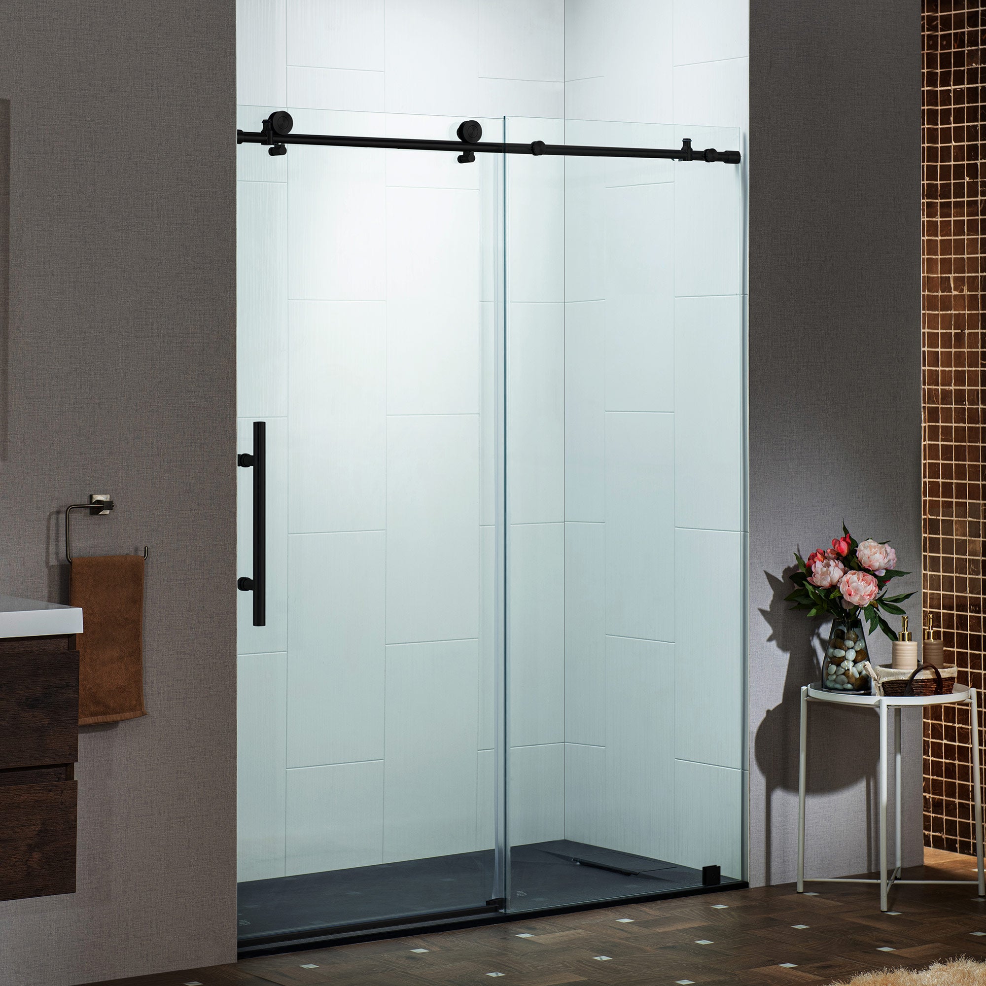 WOODBRIDGE Frameless Single Sliding Shower Doors, 45.5-48" Width x 76"Height with 3/8"(10mm) Clear Tempered Glass, Soft Close System and Explosion-Proof Film