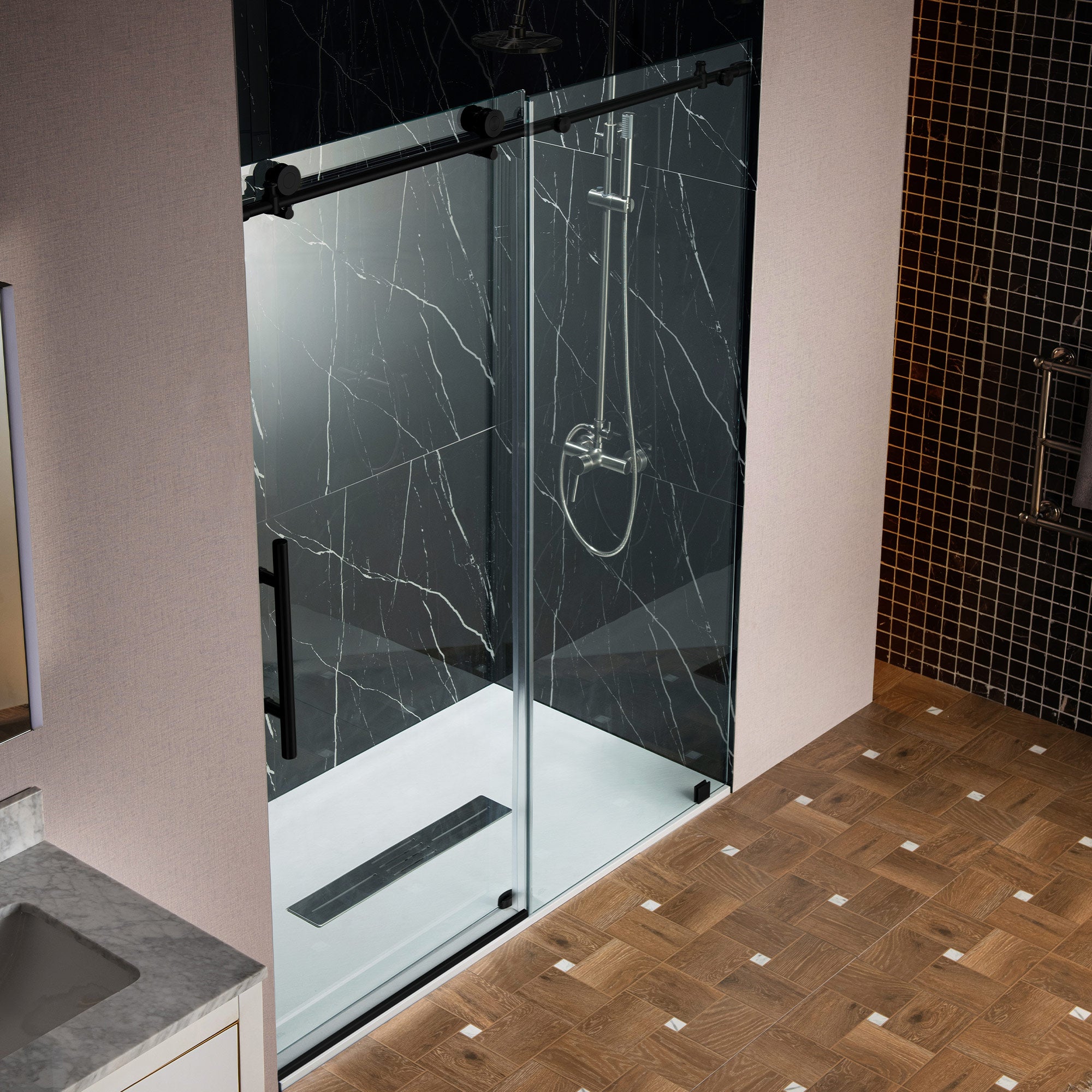 WOODBRIDGE Frameless Single Sliding Shower Doors, 45.5-48" Width x 76"Height with 3/8"(10mm) Clear Tempered Glass, Soft Close System and Explosion-Proof Film