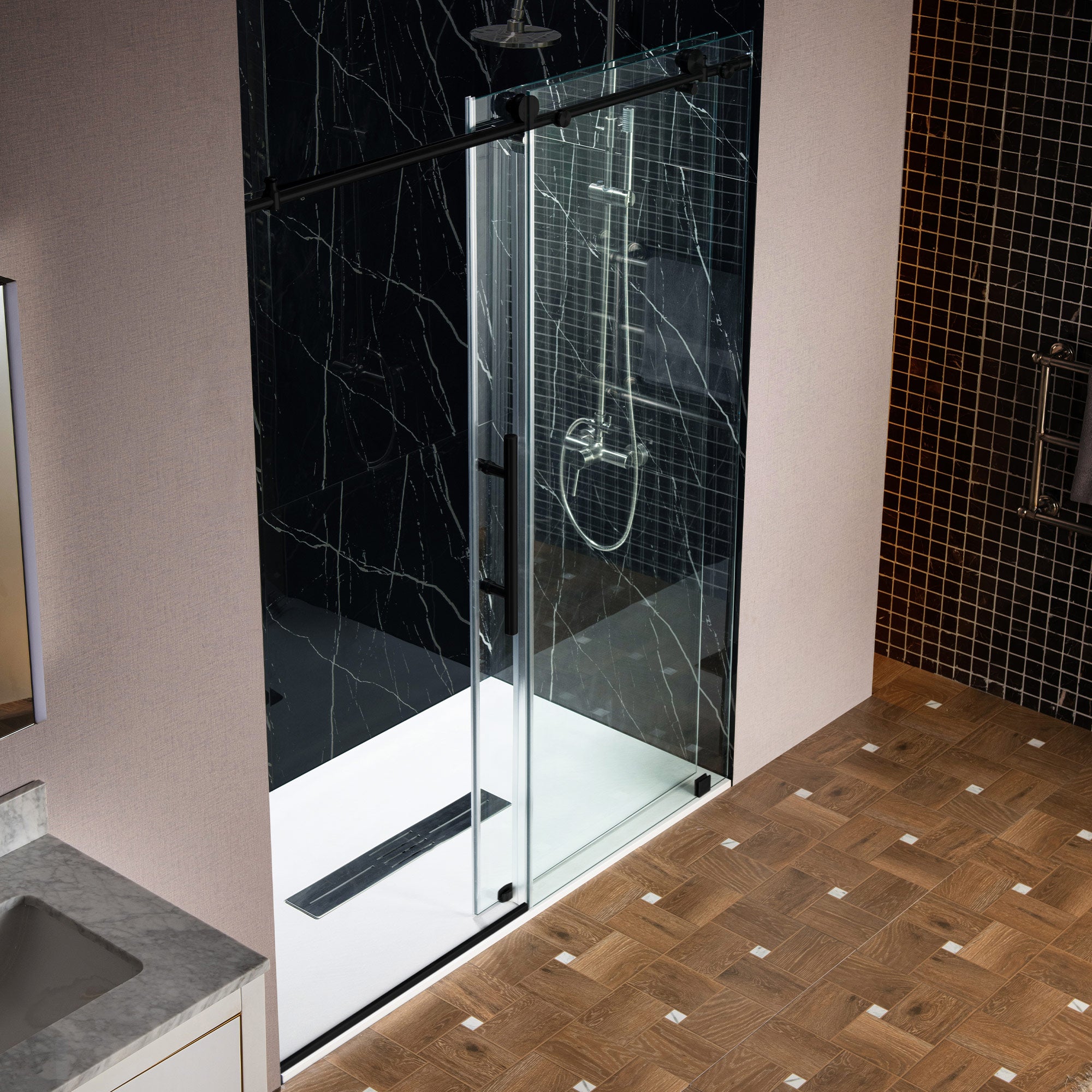 WOODBRIDGE Frameless Single Sliding Shower Doors, 45.5-48" Width x 76"Height with 3/8"(10mm) Clear Tempered Glass, Soft Close System and Explosion-Proof Film
